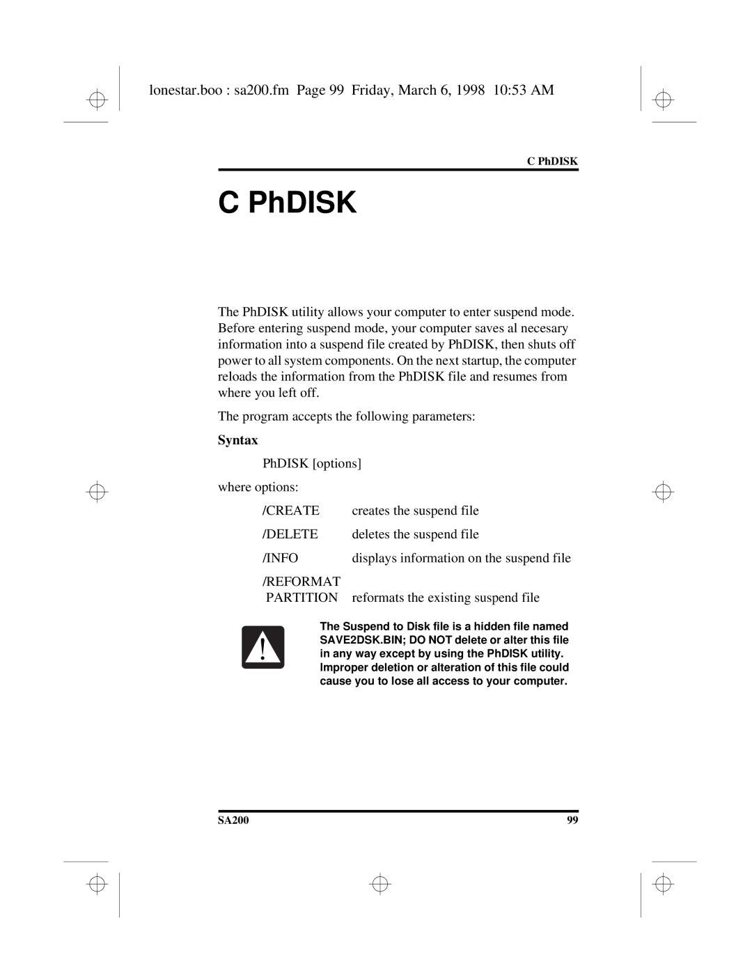 Hitachi SA200 manual PhDISK, Lonestar.boo sa200.fm Page 99 Friday, March 6, 1998 1053 AM, Syntax 