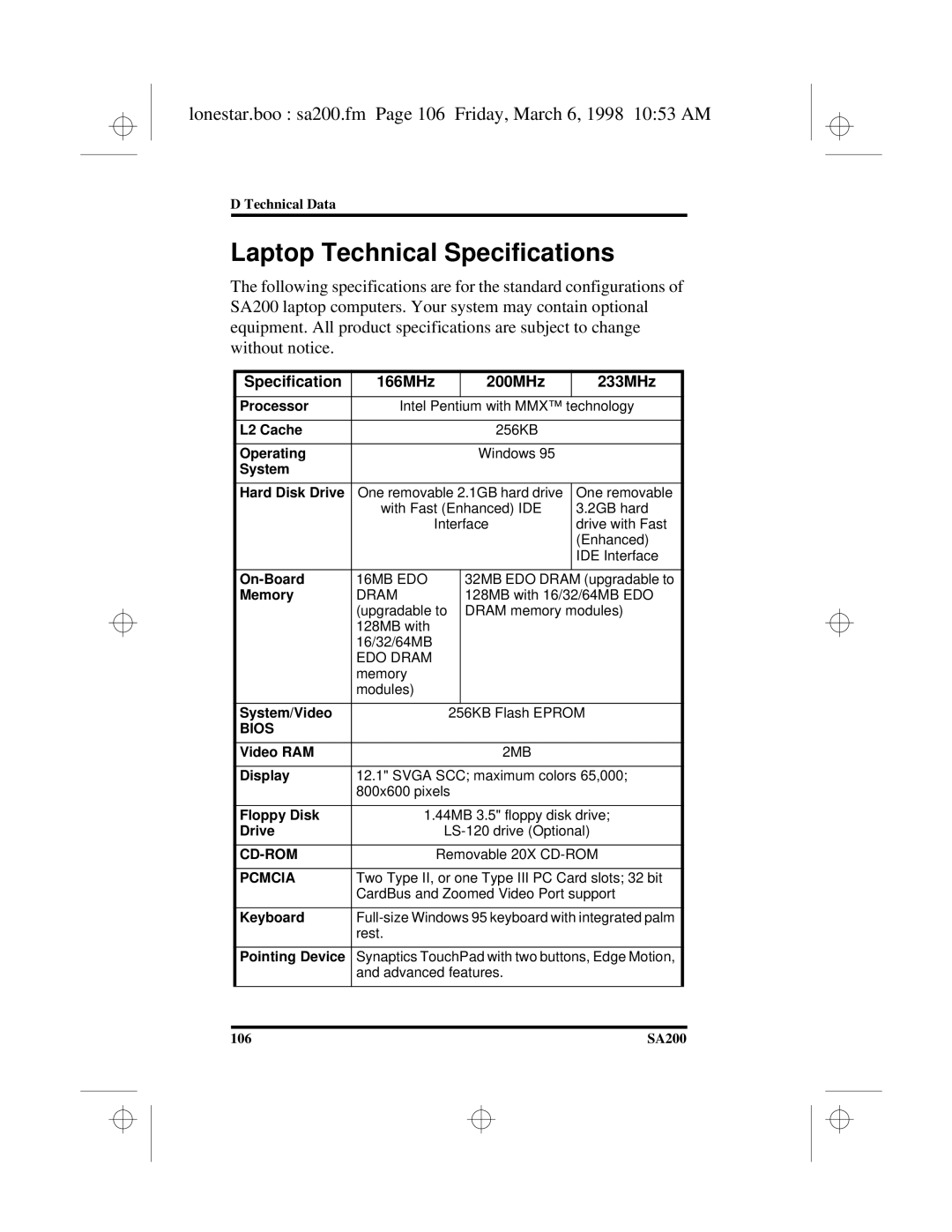 Hitachi SA200 manual Laptop Technical Specifications, Lonestar.boo sa200.fm Page 106 Friday, March 6, 1998 1053 AM 