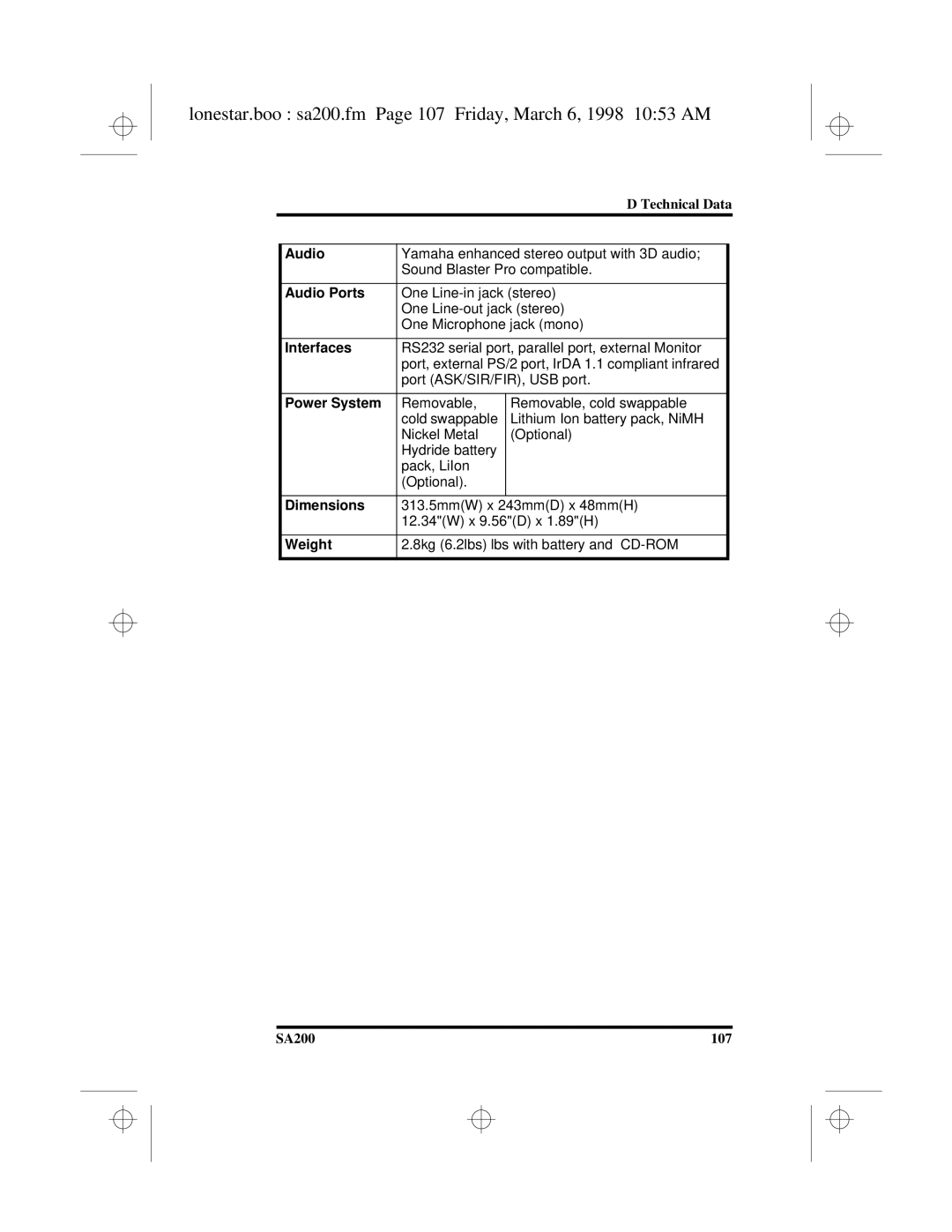 Hitachi SA200 manual Lonestar.boo sa200.fm Page 107 Friday, March 6, 1998 1053 AM 