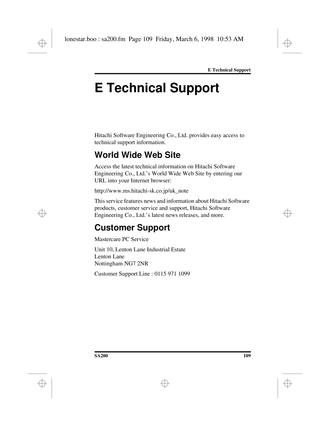 Hitachi SA200 manual Technical Support, World Wide Web Site Customer Support 