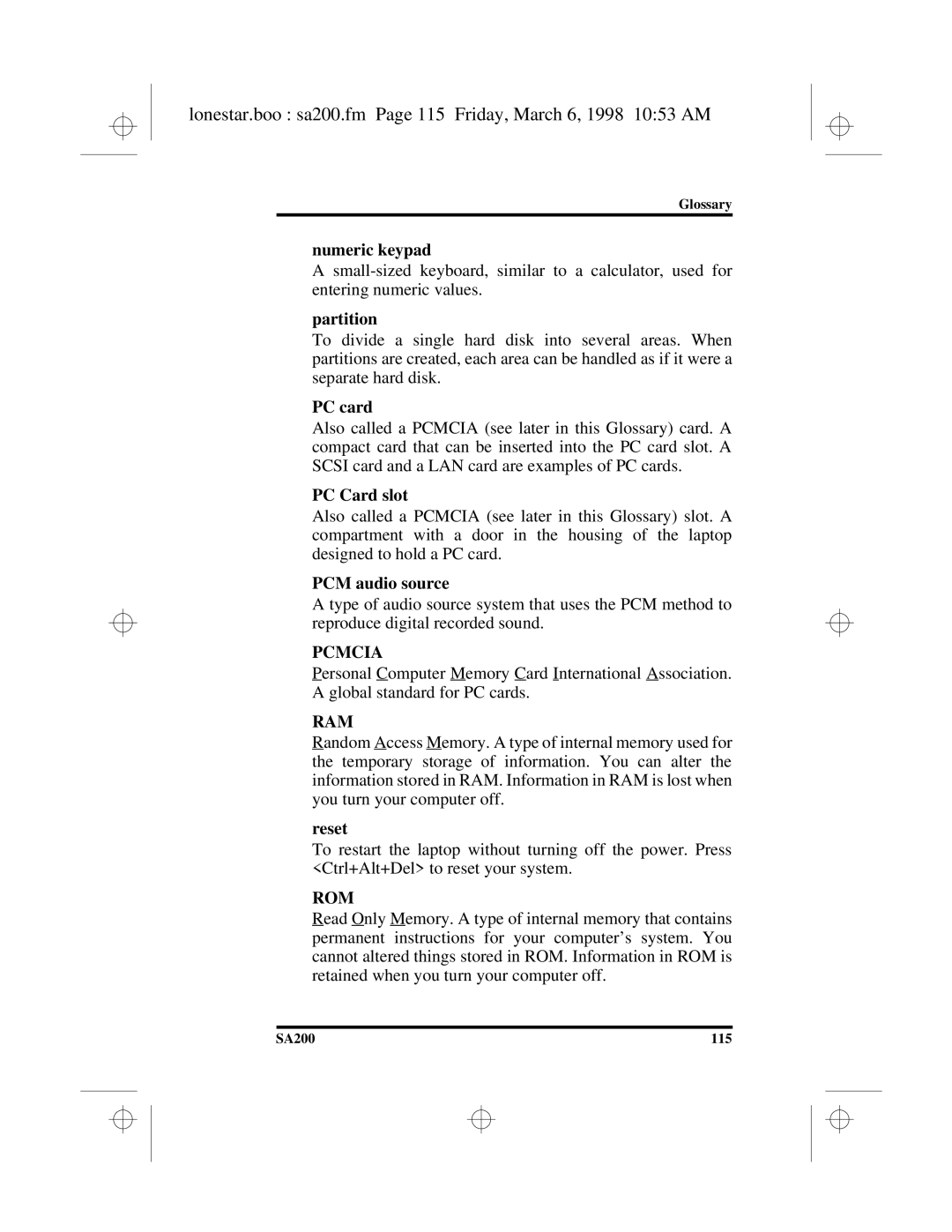 Hitachi SA200 manual Numeric keypad, Partition, PC card, PC Card slot, PCM audio source, Reset 