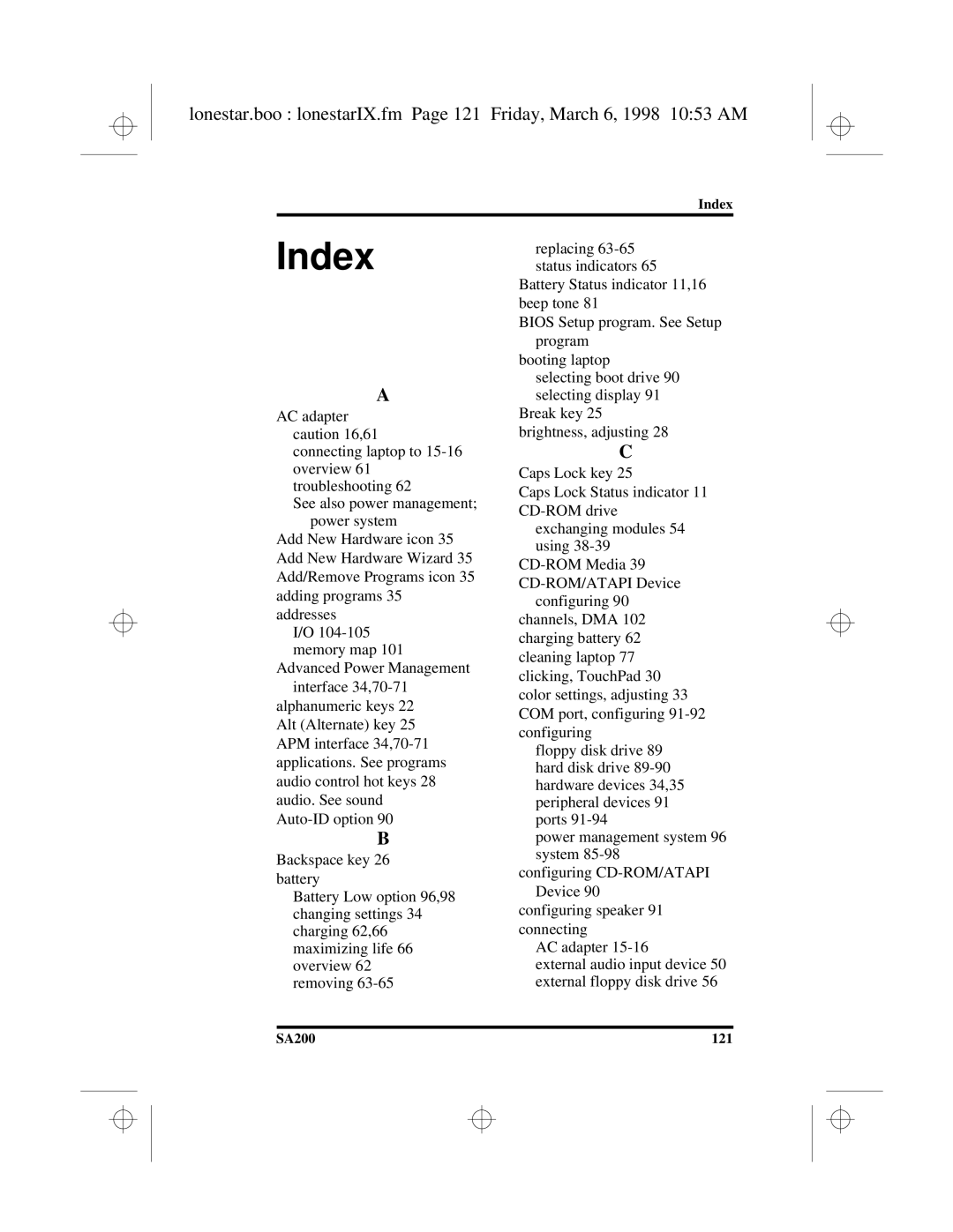 Hitachi SA200 manual Index 