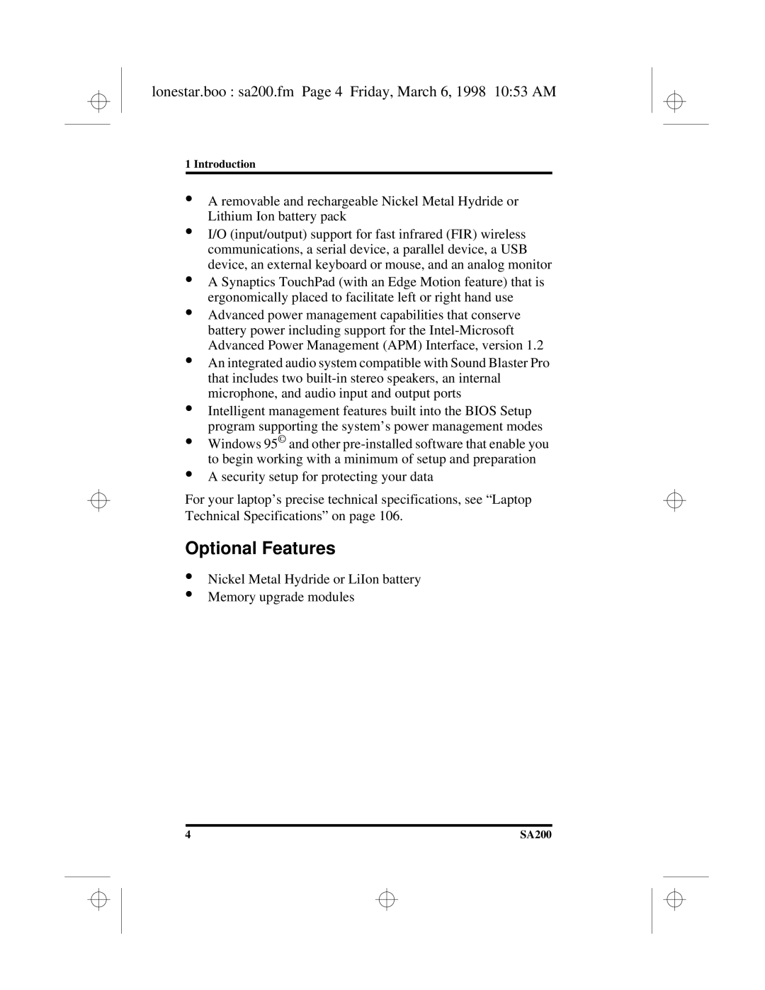 Hitachi SA200 manual Optional Features, Lonestar.boo sa200.fm Page 4 Friday, March 6, 1998 1053 AM 