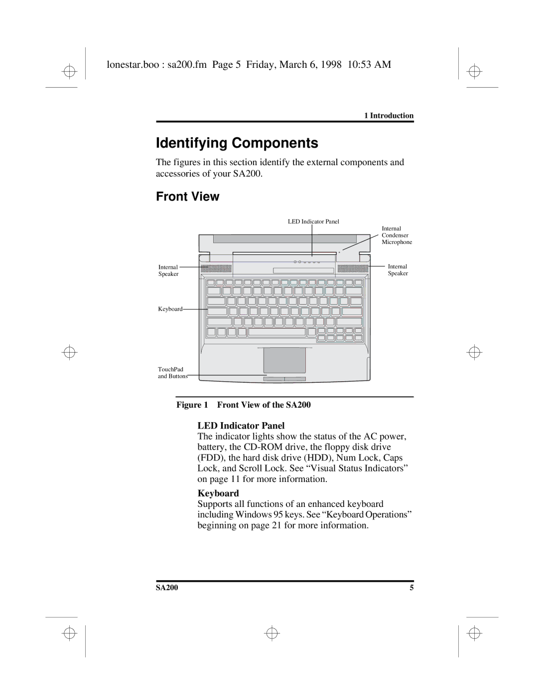 Hitachi SA200 Identifying Components, Front View, Lonestar.boo sa200.fm Page 5 Friday, March 6, 1998 1053 AM, Keyboard 