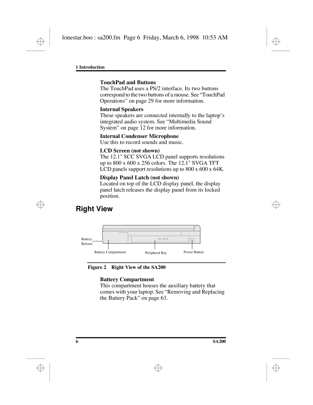 Hitachi SA200 manual Right View, Lonestar.boo sa200.fm Page 6 Friday, March 6, 1998 1053 AM 