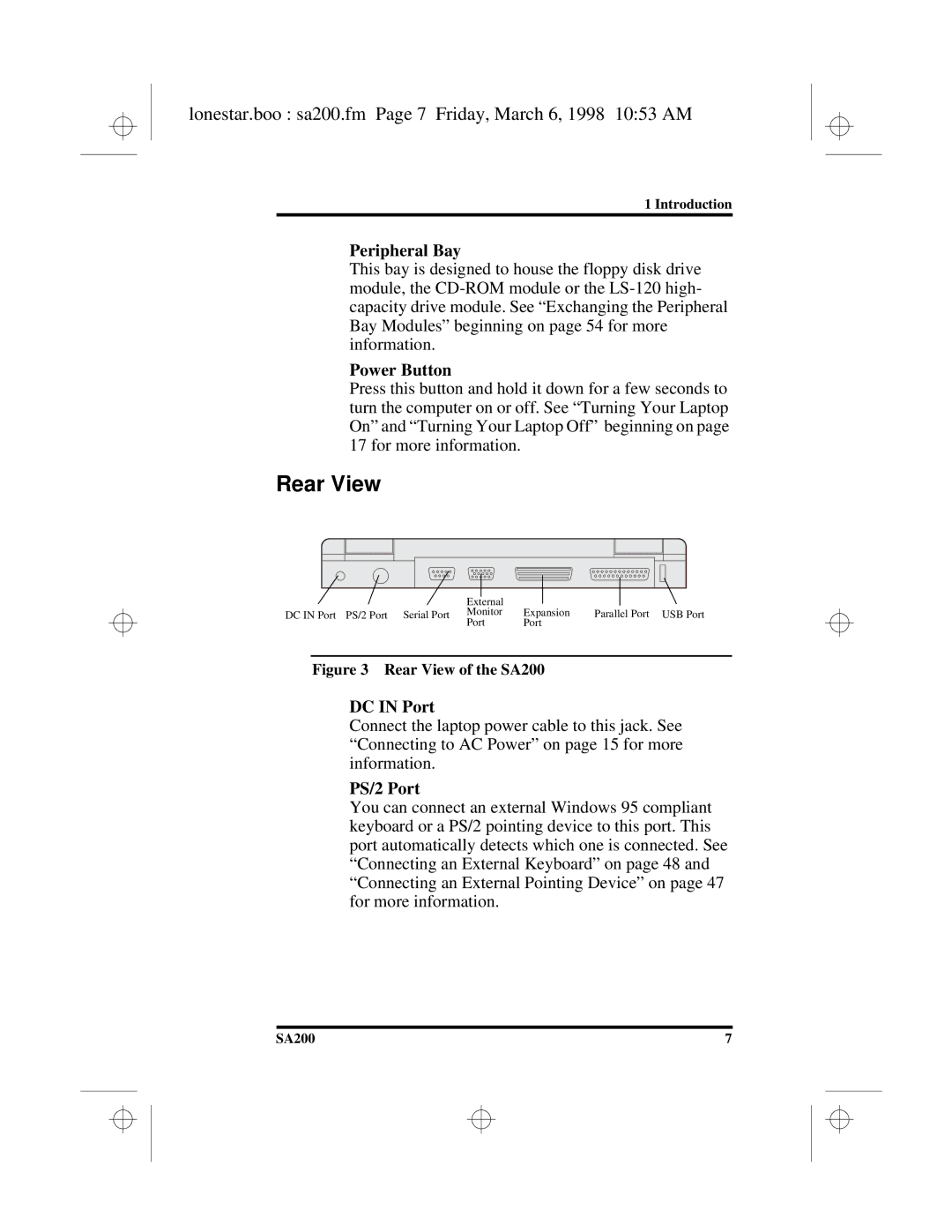 Hitachi SA200 manual Rear View, Lonestar.boo sa200.fm Page 7 Friday, March 6, 1998 1053 AM 