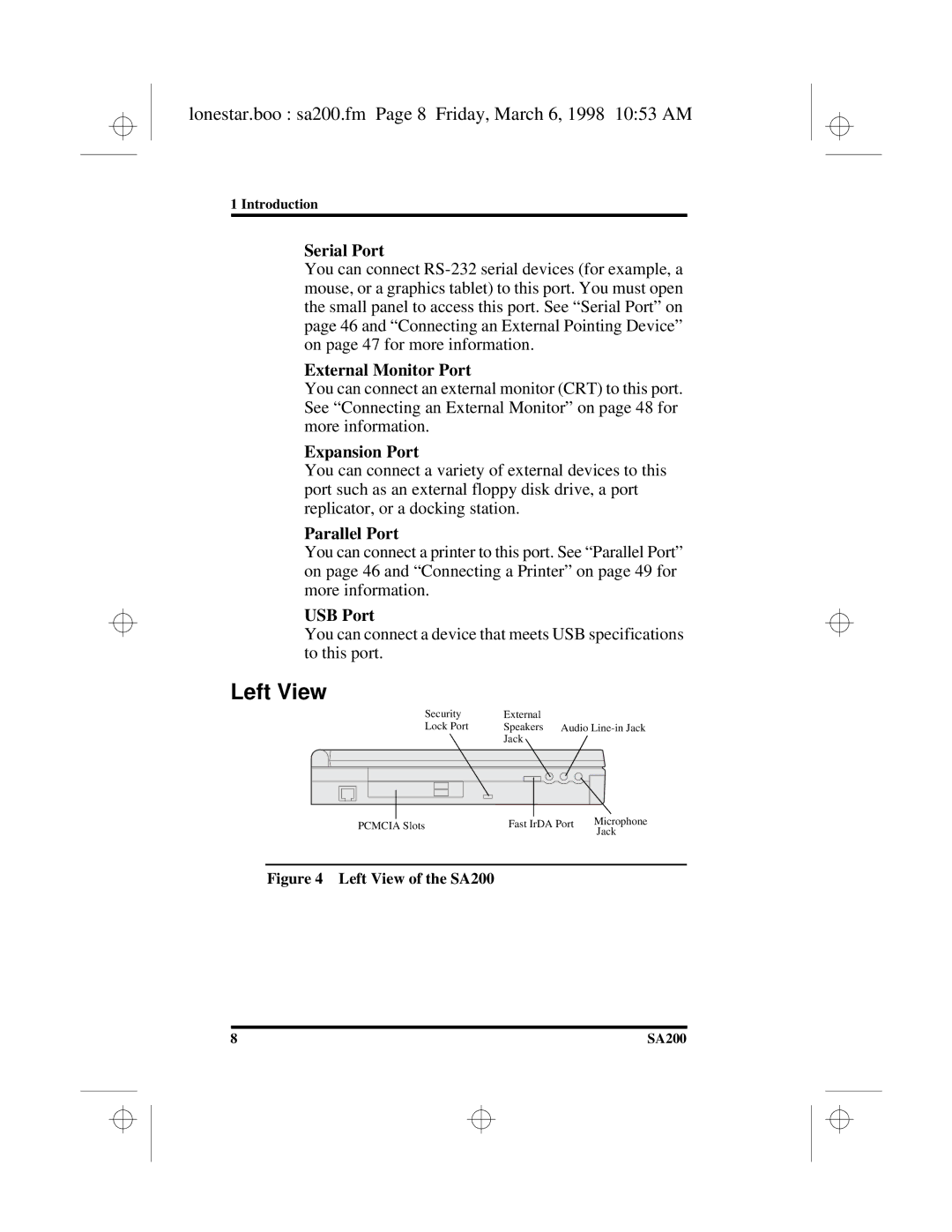 Hitachi SA200 manual Left View, Lonestar.boo sa200.fm Page 8 Friday, March 6, 1998 1053 AM 