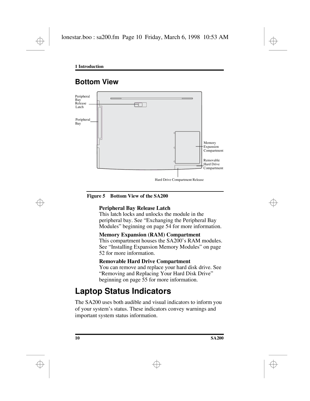 Hitachi SA200 manual Laptop Status Indicators, Bottom View, Lonestar.boo sa200.fm Page 10 Friday, March 6, 1998 1053 AM 