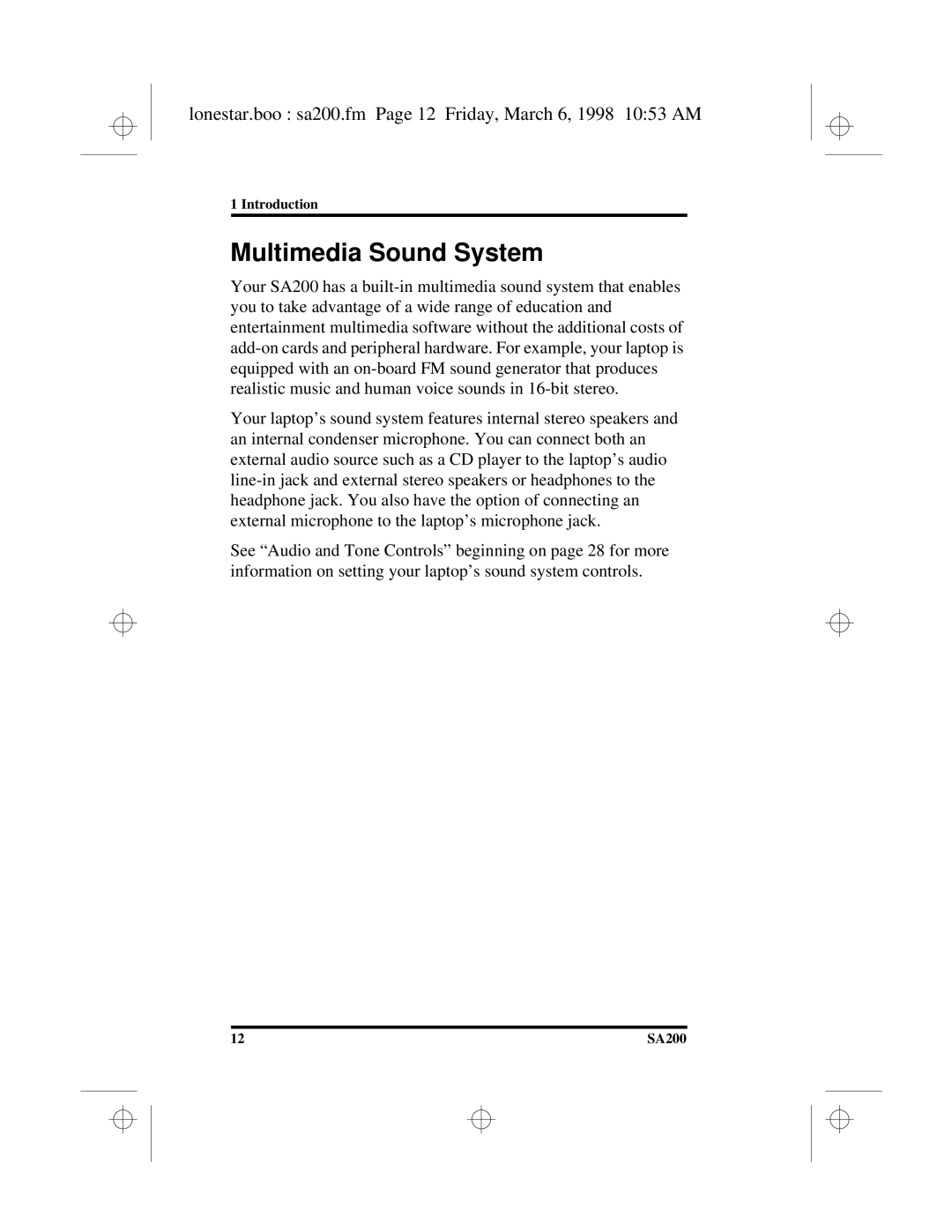 Hitachi SA200 manual Multimedia Sound System, Lonestar.boo sa200.fm Page 12 Friday, March 6, 1998 1053 AM 