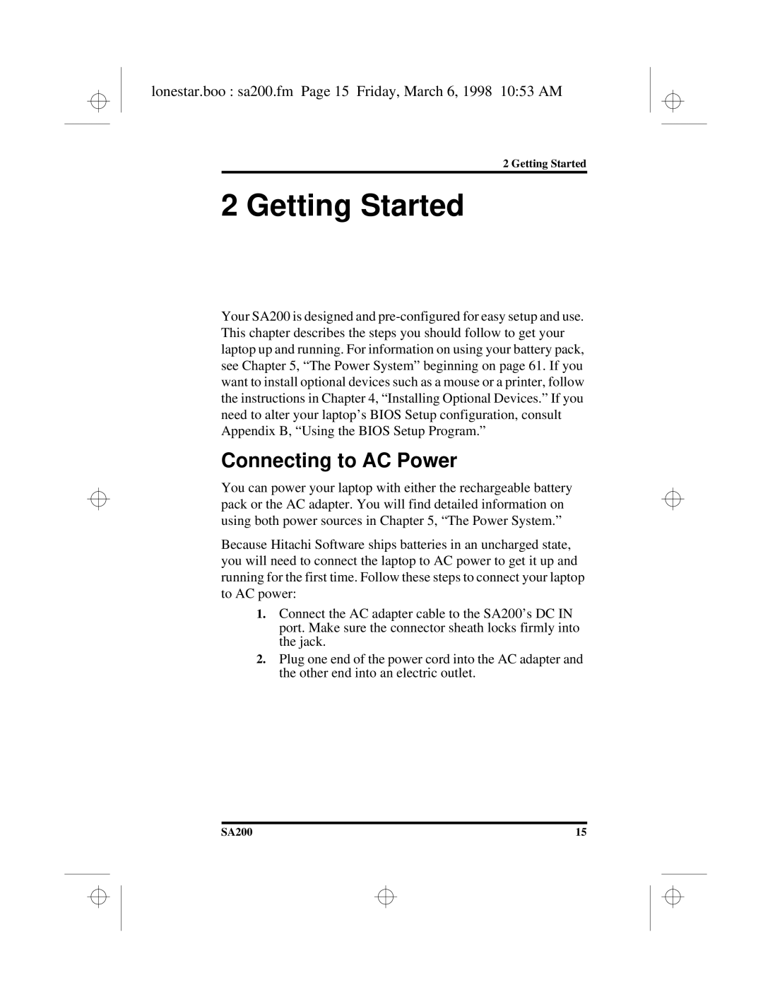 Hitachi SA200 manual Getting Started, Connecting to AC Power, Lonestar.boo sa200.fm Page 15 Friday, March 6, 1998 1053 AM 