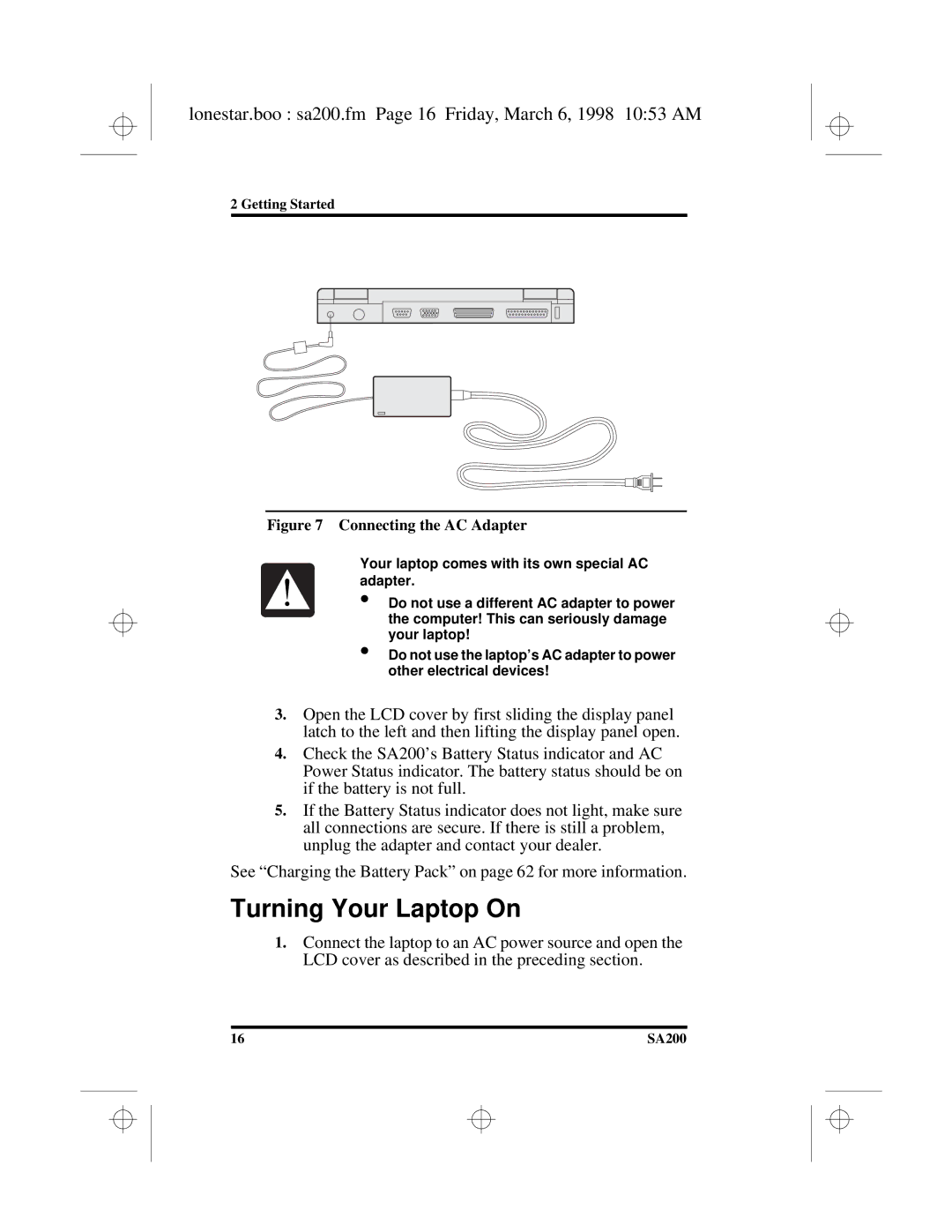 Hitachi SA200 manual Turning Your Laptop On, Lonestar.boo sa200.fm Page 16 Friday, March 6, 1998 1053 AM 