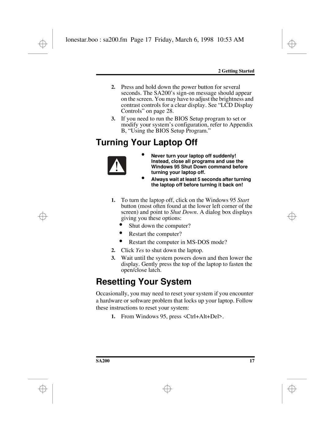 Hitachi SA200 Turning Your Laptop Off, Resetting Your System, Lonestar.boo sa200.fm Page 17 Friday, March 6, 1998 1053 AM 