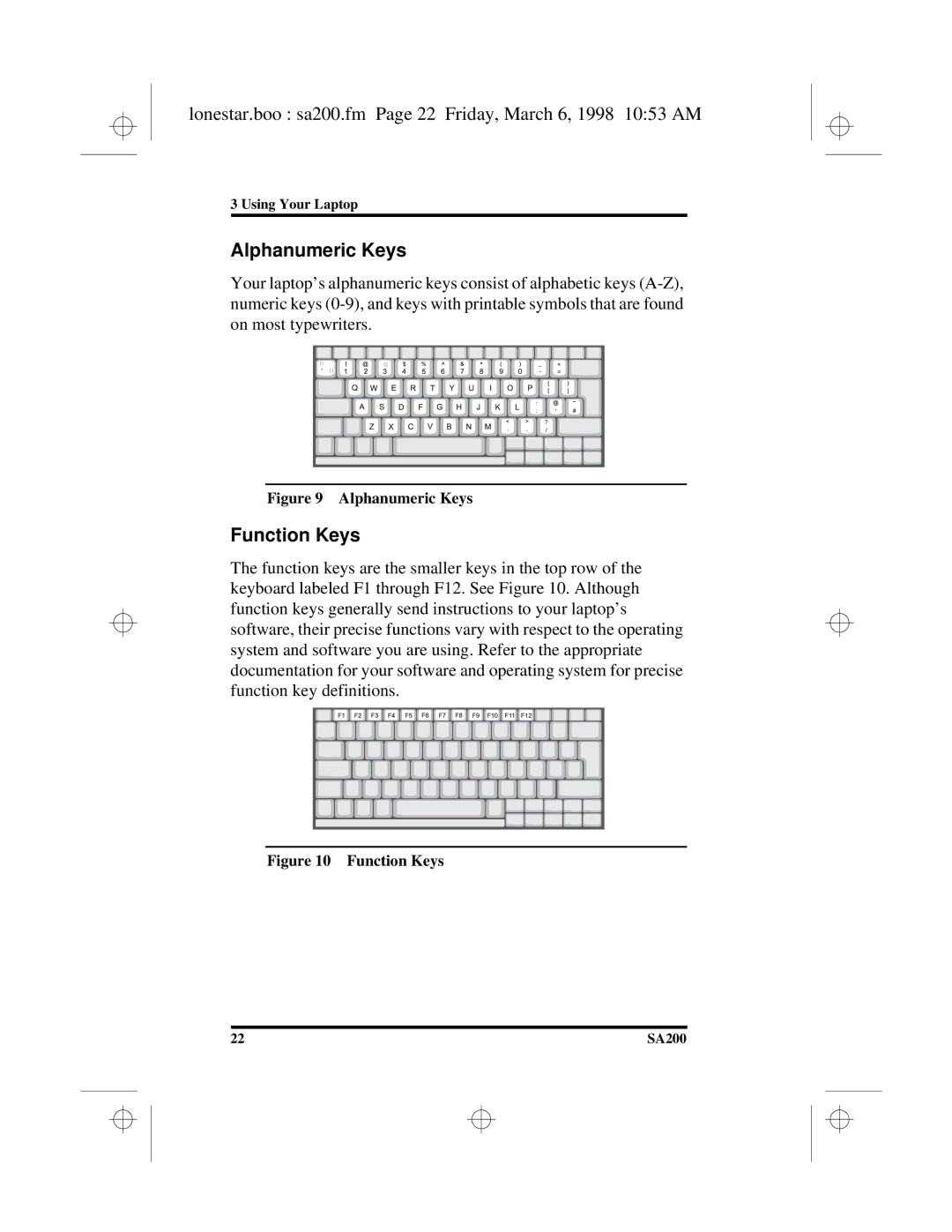 Hitachi SA200 manual Lonestar.boo sa200.fm Page 22 Friday, March 6, 1998 1053 AM, Alphanumeric Keys, Function Keys 