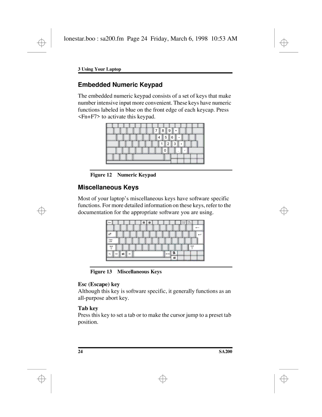 Hitachi SA200 Lonestar.boo sa200.fm Page 24 Friday, March 6, 1998 1053 AM, Embedded Numeric Keypad, Miscellaneous Keys 