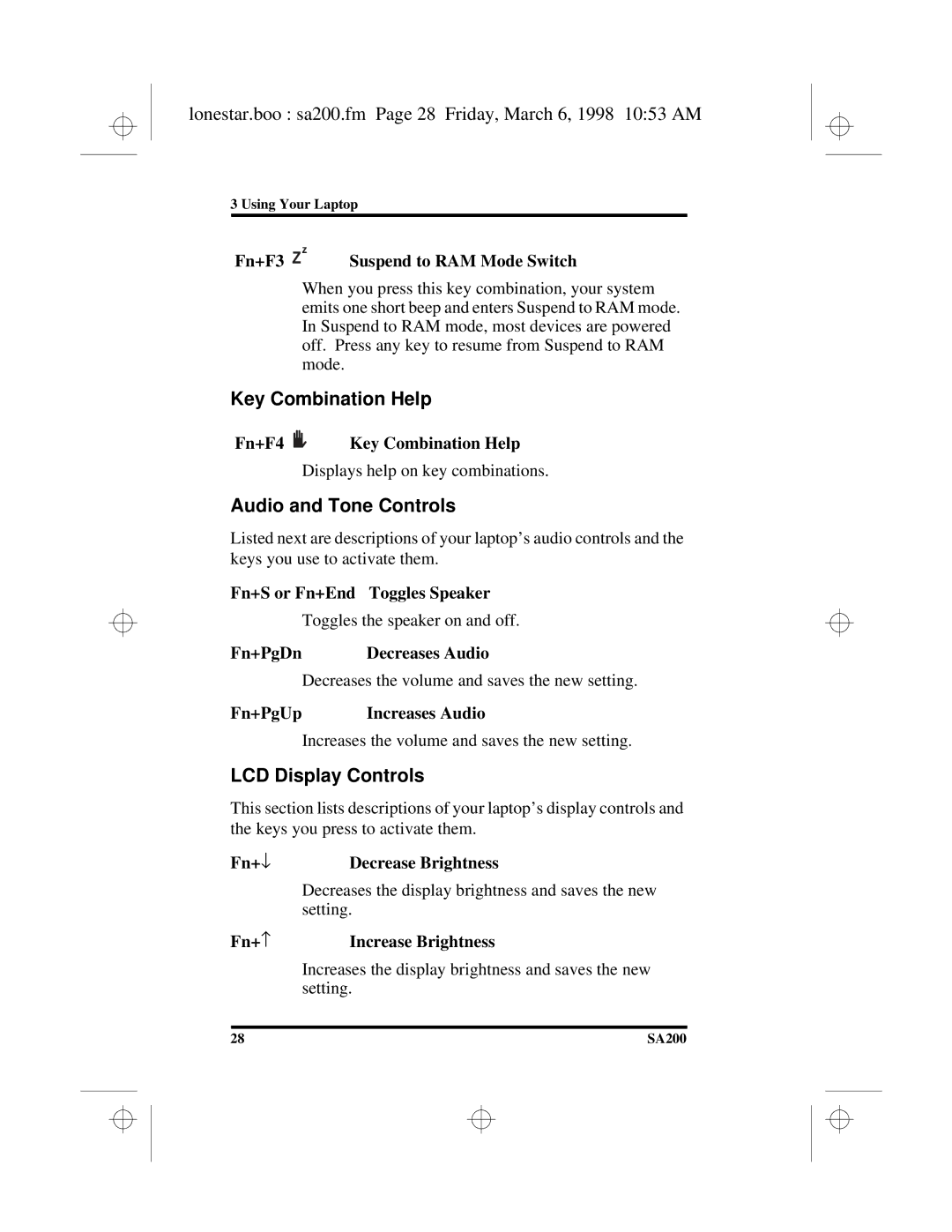 Hitachi SA200 Lonestar.boo sa200.fm Page 28 Friday, March 6, 1998 1053 AM, Key Combination Help, Audio and Tone Controls 