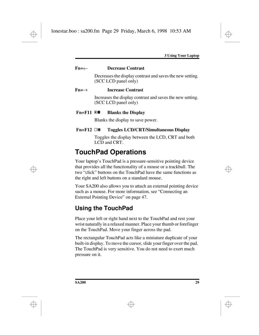 Hitachi SA200 manual TouchPad Operations, Using the TouchPad, Lonestar.boo sa200.fm Page 29 Friday, March 6, 1998 1053 AM 