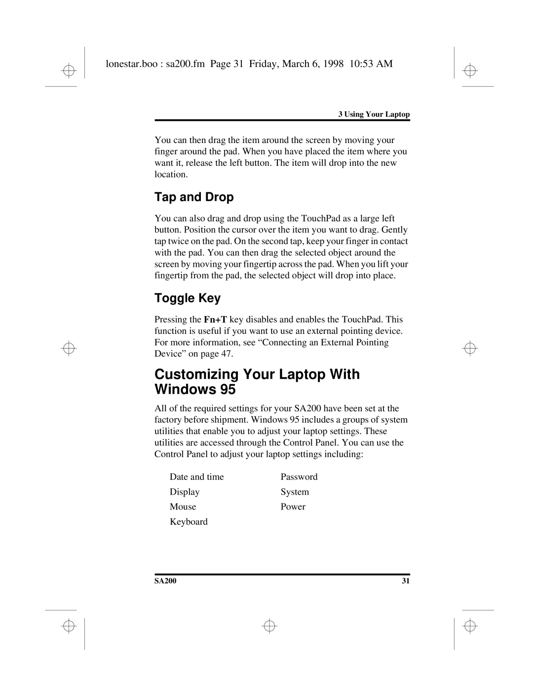 Hitachi SA200 manual Customizing Your Laptop With Windows, Tap and Drop, Toggle Key 