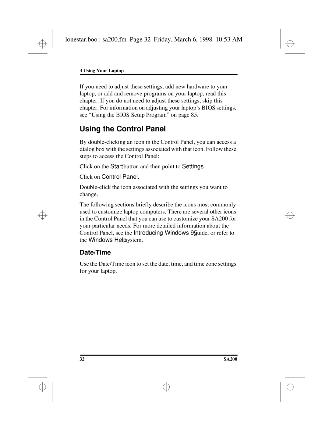 Hitachi SA200 manual Using the Control Panel, Lonestar.boo sa200.fm Page 32 Friday, March 6, 1998 1053 AM, Date/Time 