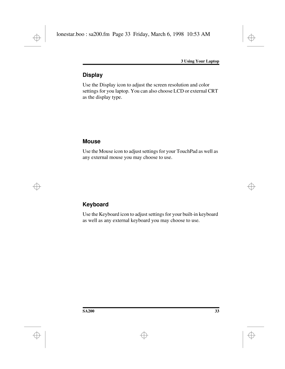 Hitachi SA200 manual Lonestar.boo sa200.fm Page 33 Friday, March 6, 1998 1053 AM, Display, Mouse, Keyboard 