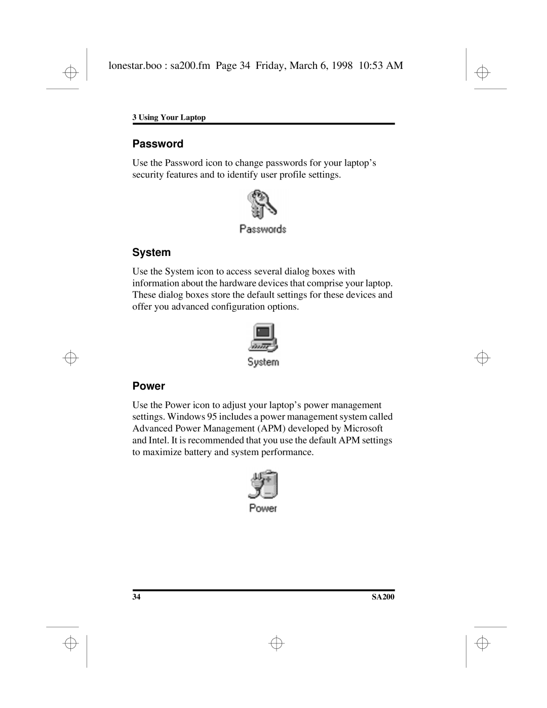 Hitachi SA200 manual Lonestar.boo sa200.fm Page 34 Friday, March 6, 1998 1053 AM, Password, System, Power 