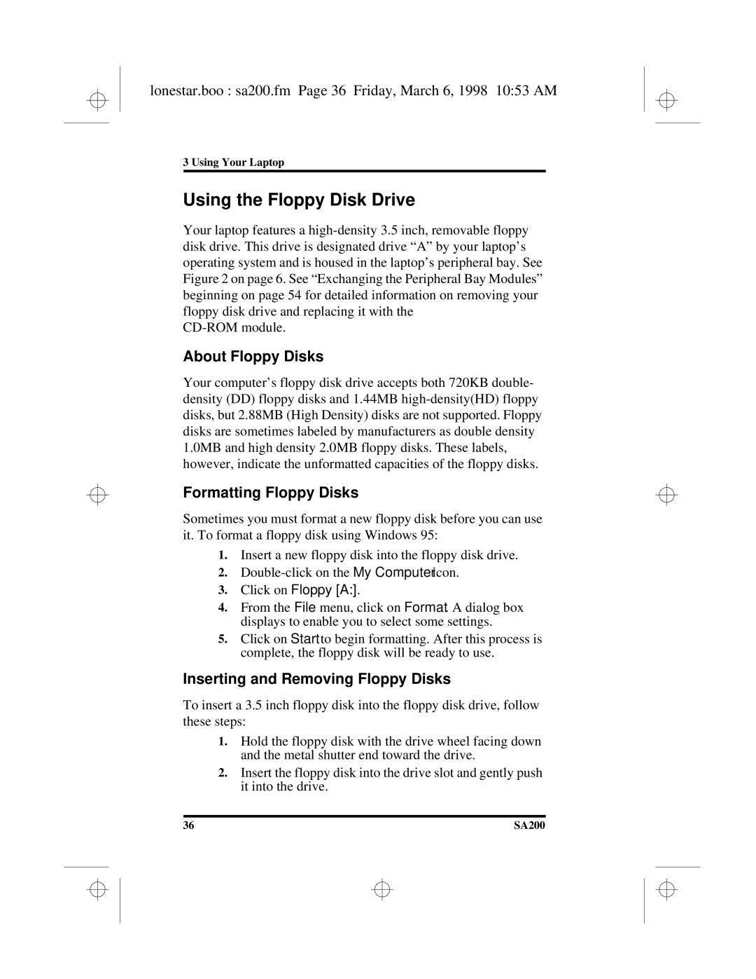 Hitachi SA200 Using the Floppy Disk Drive, Lonestar.boo sa200.fm Page 36 Friday, March 6, 1998 1053 AM, About Floppy Disks 