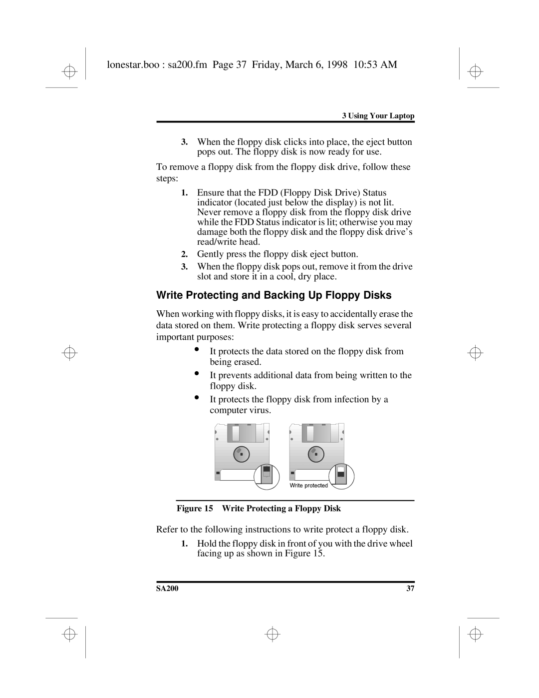 Hitachi SA200 Lonestar.boo sa200.fm Page 37 Friday, March 6, 1998 1053 AM, Write Protecting and Backing Up Floppy Disks 