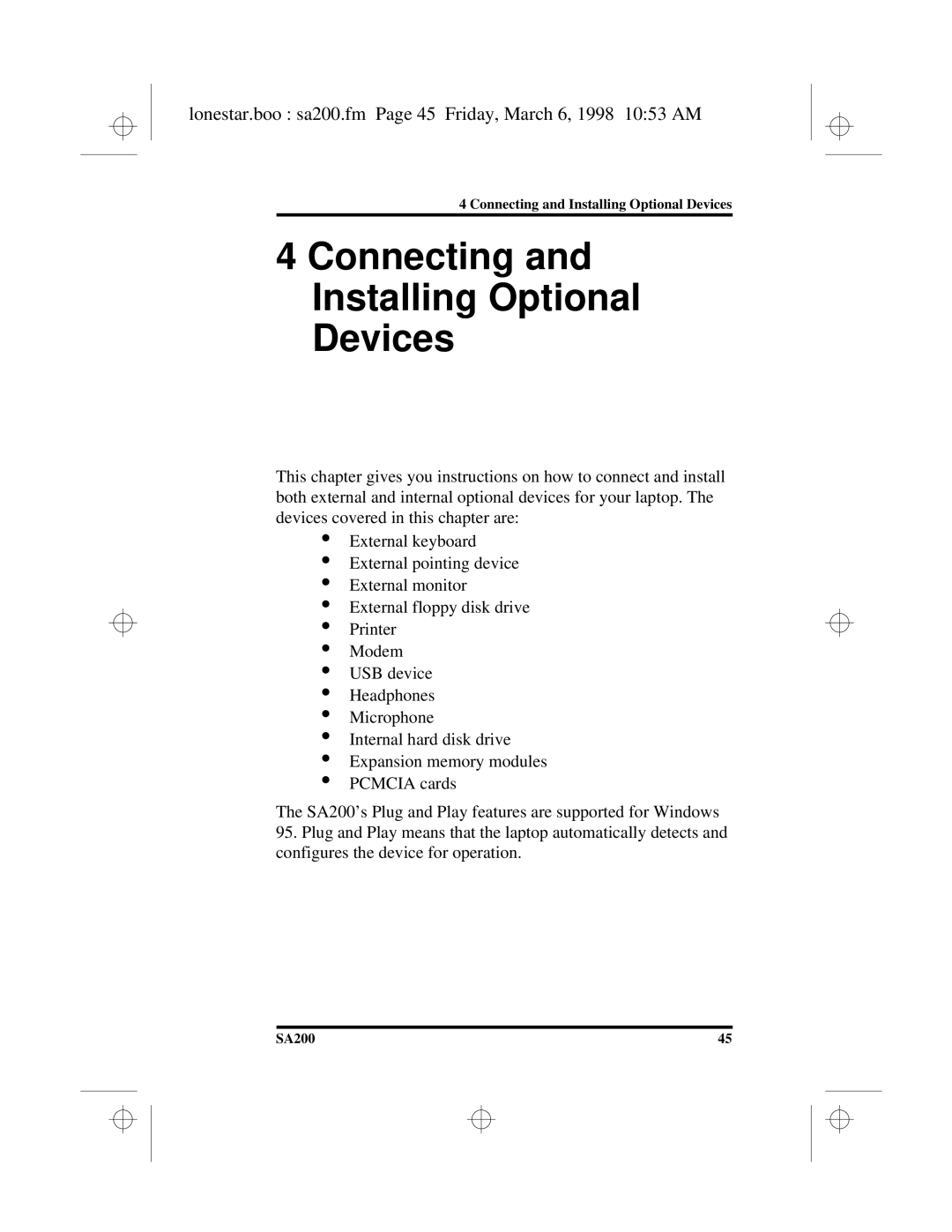 Hitachi SA200 manual Connecting Installing Optional Devices, Lonestar.boo sa200.fm Page 45 Friday, March 6, 1998 1053 AM 