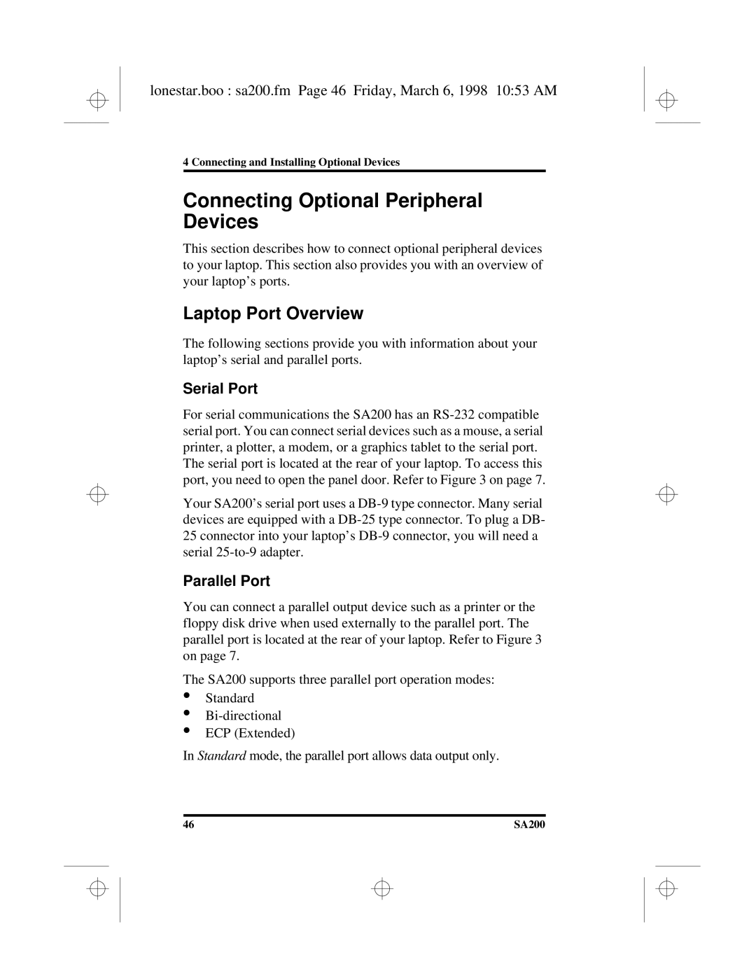 Hitachi SA200 manual Connecting Optional Peripheral Devices, Laptop Port Overview, Serial Port, Parallel Port 