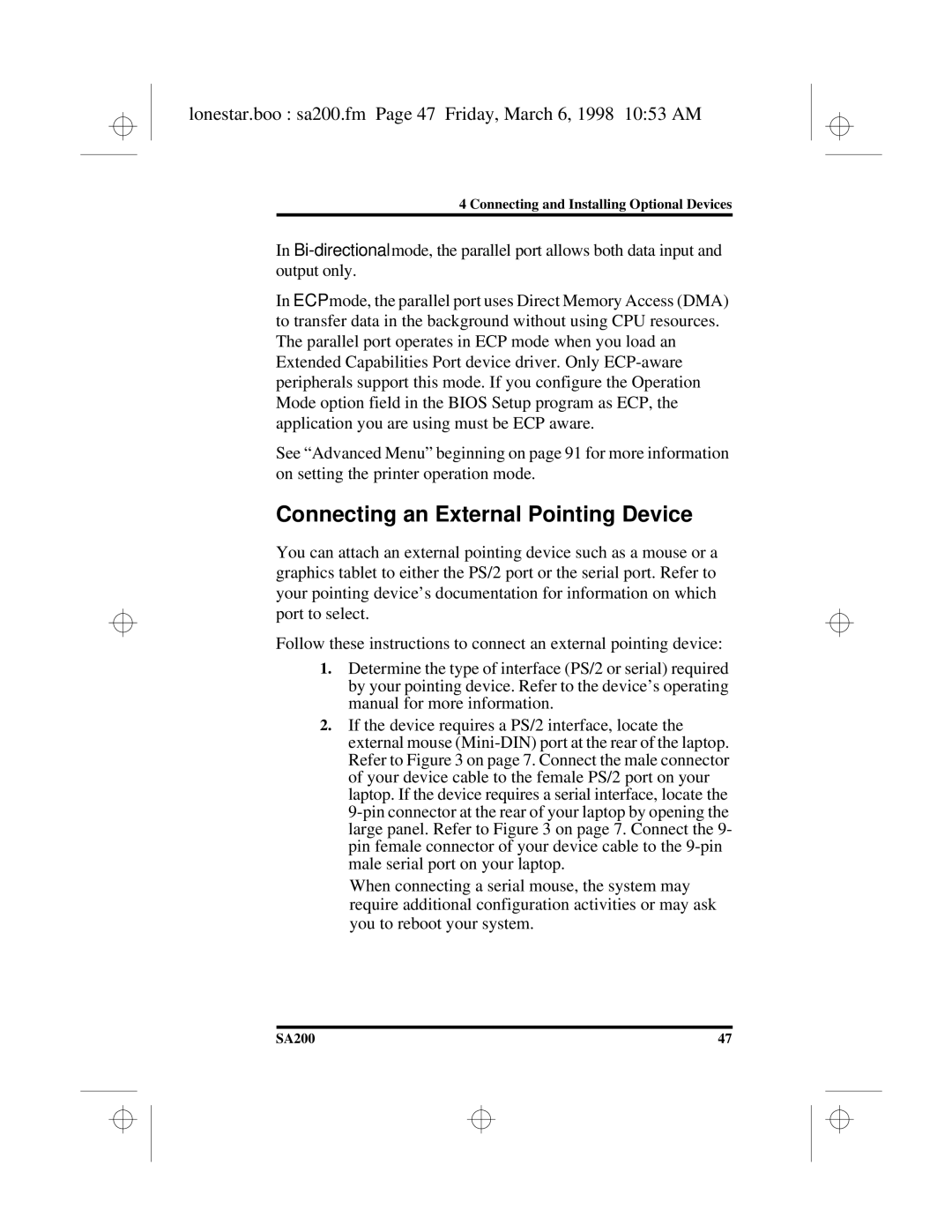 Hitachi SA200 manual Connecting an External Pointing Device, Lonestar.boo sa200.fm Page 47 Friday, March 6, 1998 1053 AM 