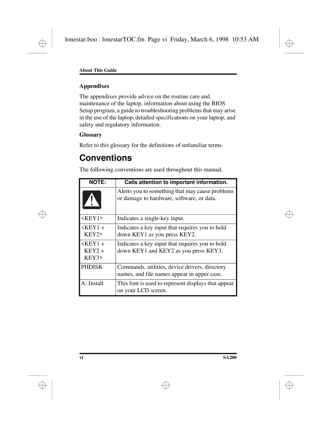 Hitachi SA200 manual Conventions, Appendixes, Glossary 