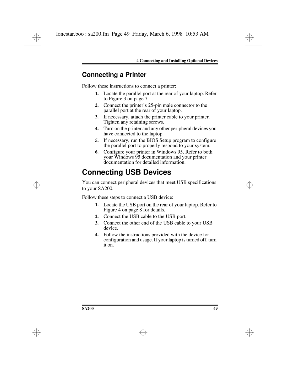 Hitachi SA200 Connecting USB Devices, Connecting a Printer, Lonestar.boo sa200.fm Page 49 Friday, March 6, 1998 1053 AM 