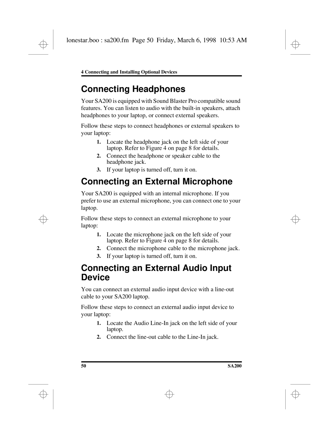 Hitachi SA200 manual Connecting Headphones, Connecting an External Microphone, Connecting an External Audio Input Device 