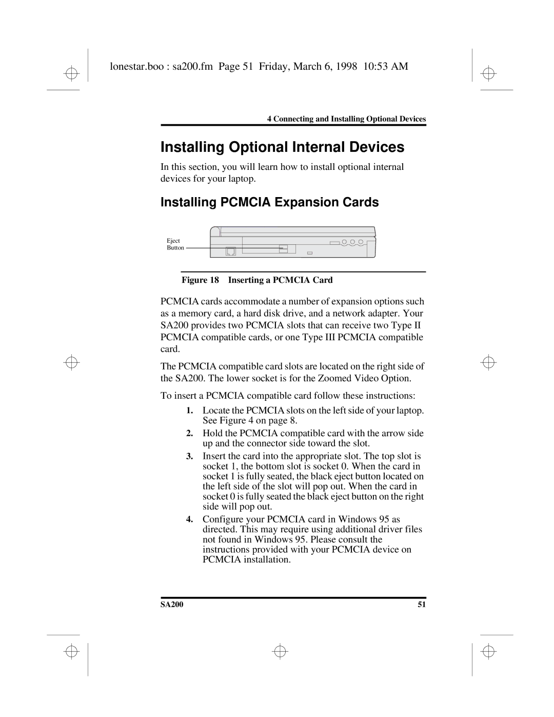 Hitachi SA200 manual Installing Optional Internal Devices, Installing Pcmcia Expansion Cards 