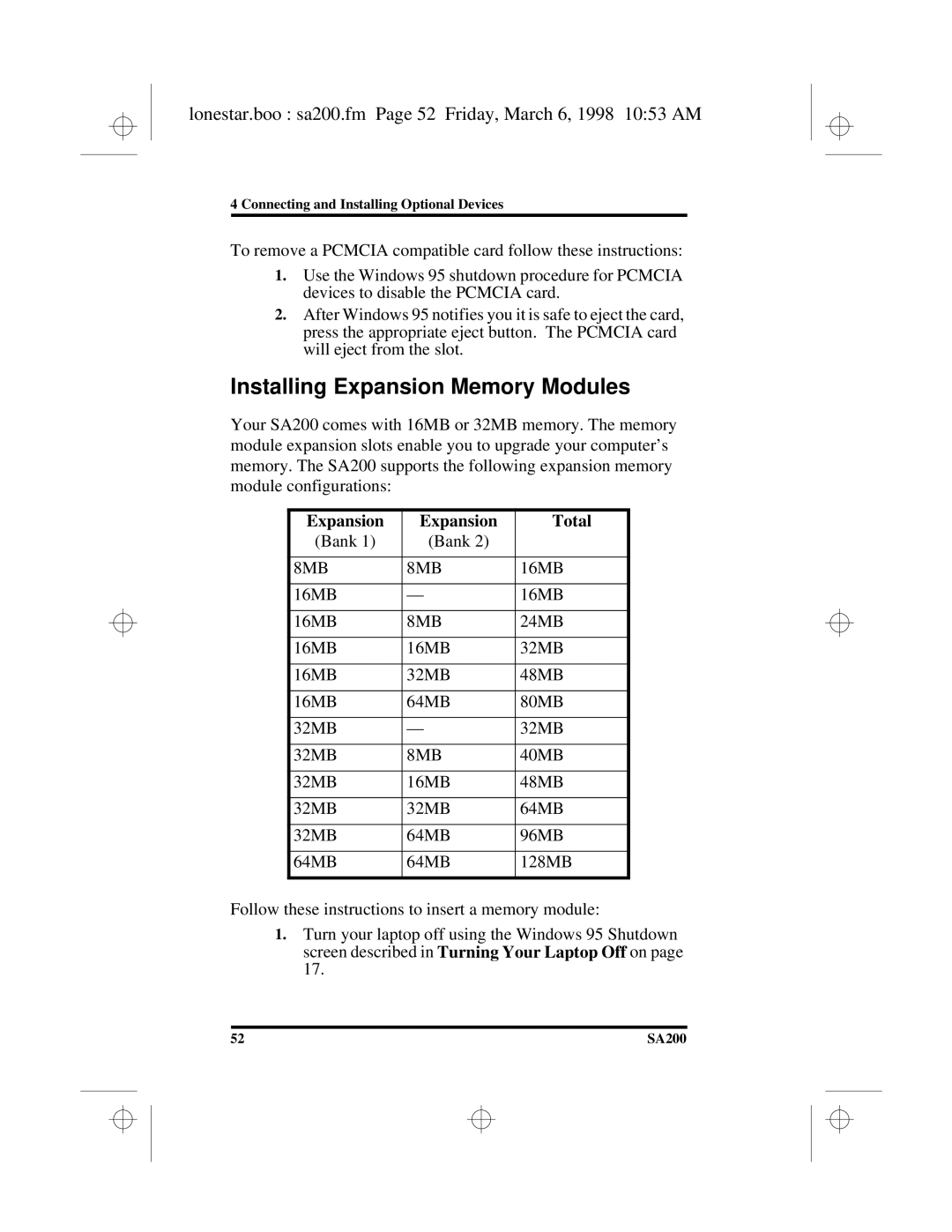 Hitachi SA200 manual Installing Expansion Memory Modules, Lonestar.boo sa200.fm Page 52 Friday, March 6, 1998 1053 AM 