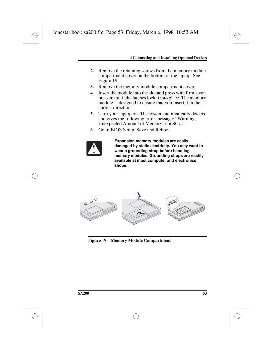 Hitachi SA200 manual Lonestar.boo sa200.fm Page 53 Friday, March 6, 1998 1053 AM, Memory Module Compartment 