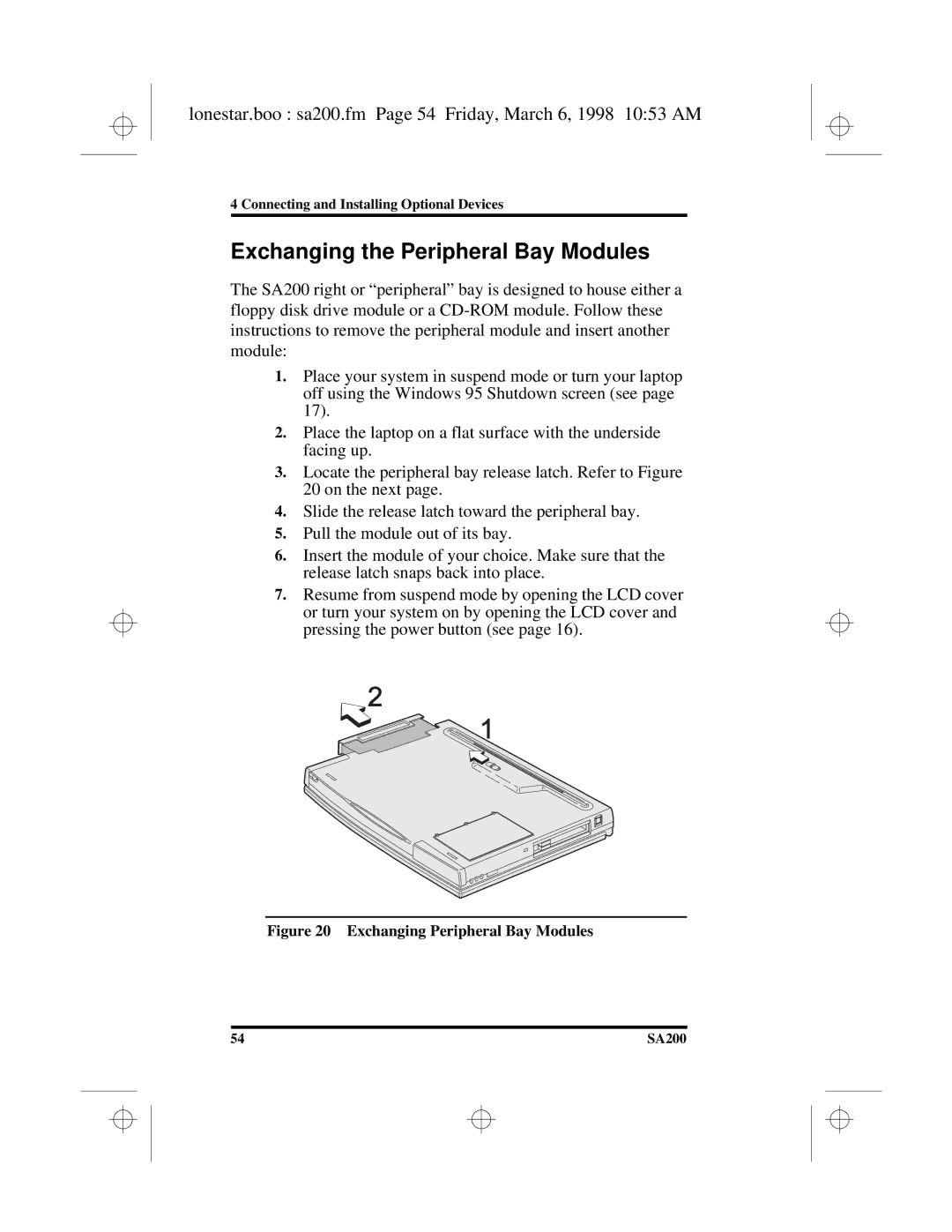 Hitachi SA200 manual Exchanging the Peripheral Bay Modules, Lonestar.boo sa200.fm Page 54 Friday, March 6, 1998 1053 AM 