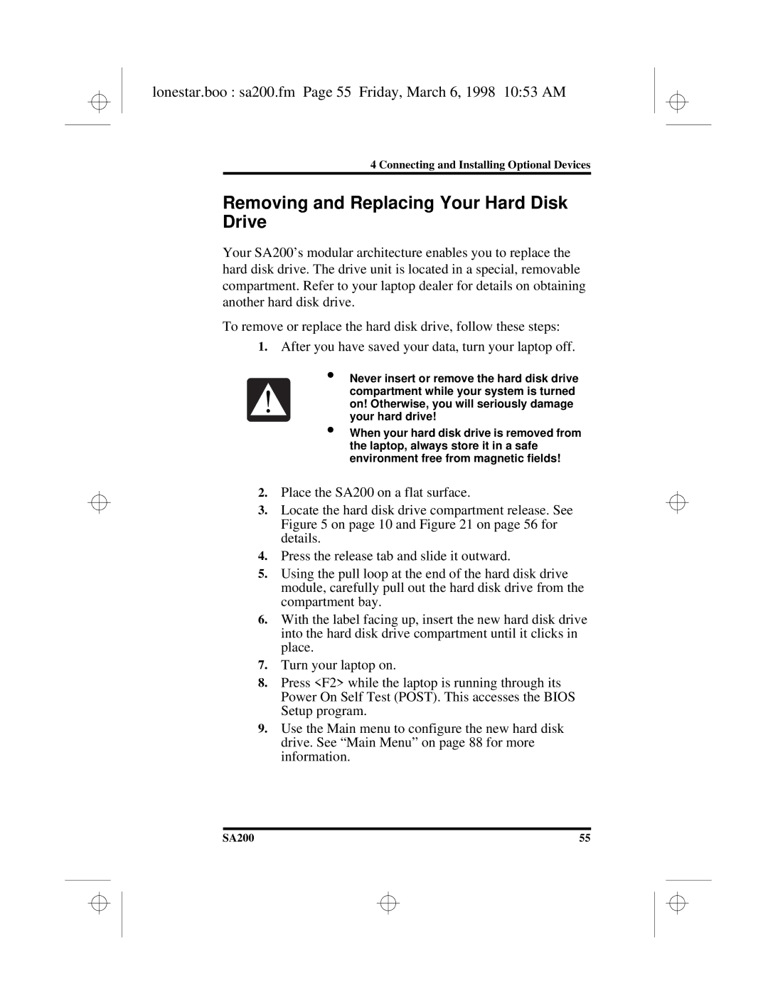 Hitachi SA200 Removing and Replacing Your Hard Disk Drive, Lonestar.boo sa200.fm Page 55 Friday, March 6, 1998 1053 AM 