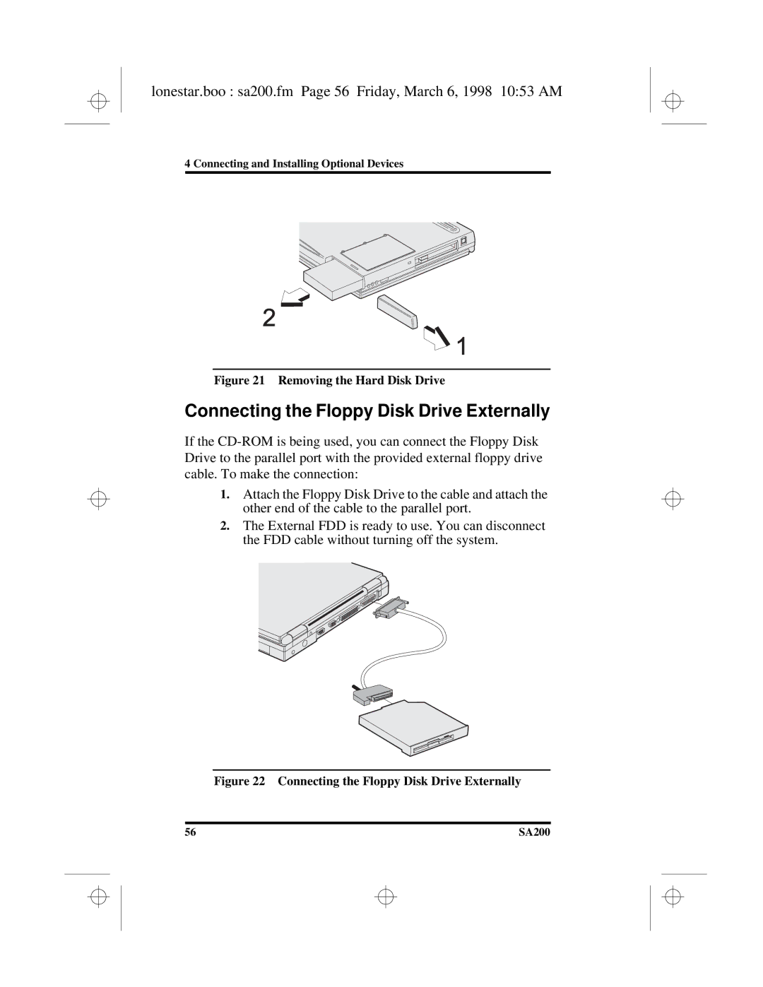 Hitachi SA200 Connecting the Floppy Disk Drive Externally, Lonestar.boo sa200.fm Page 56 Friday, March 6, 1998 1053 AM 