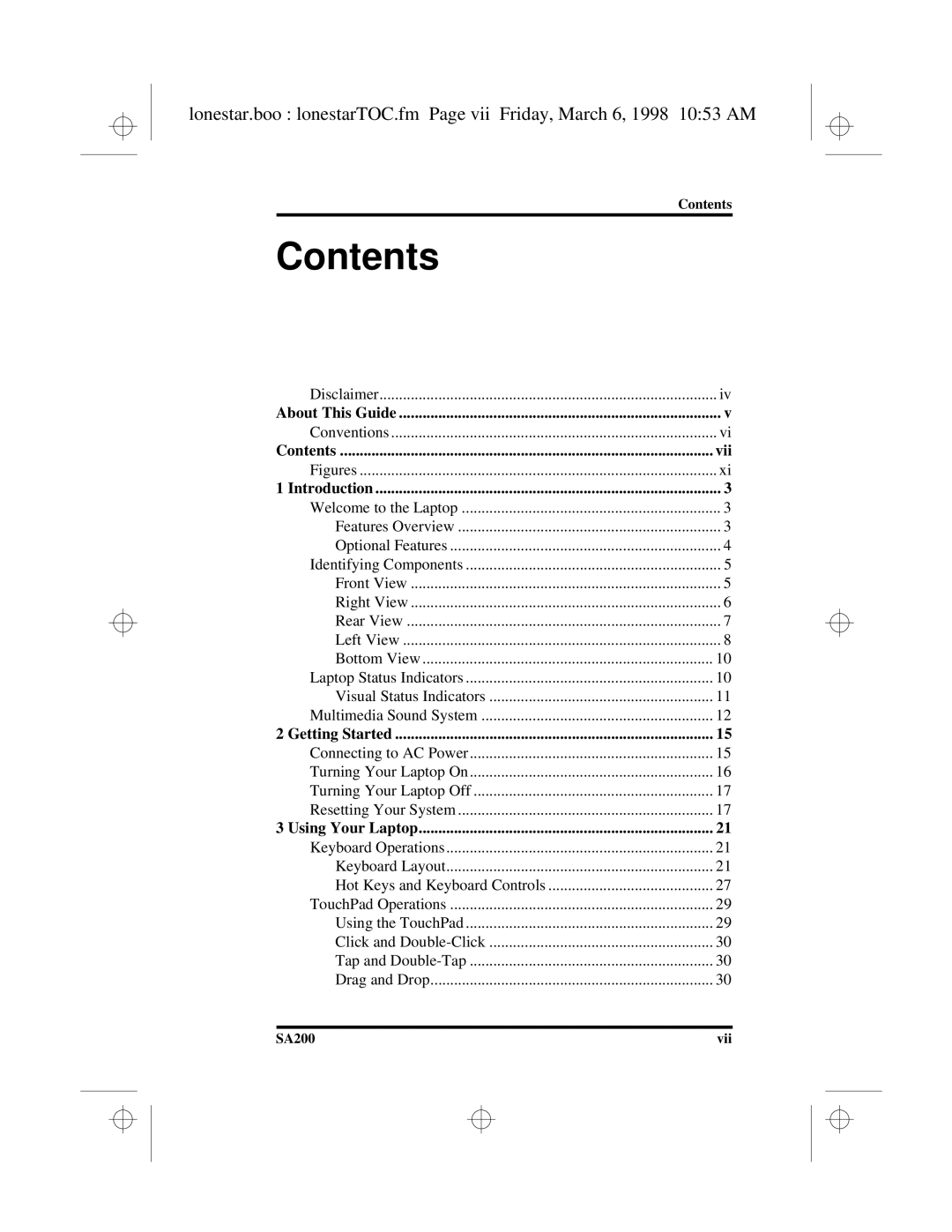 Hitachi SA200 manual Contents 