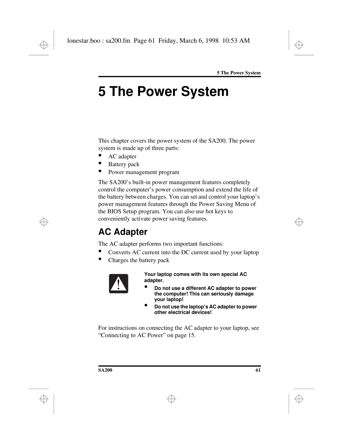 Hitachi SA200 manual Power System, AC Adapter, Lonestar.boo sa200.fm Page 61 Friday, March 6, 1998 1053 AM 