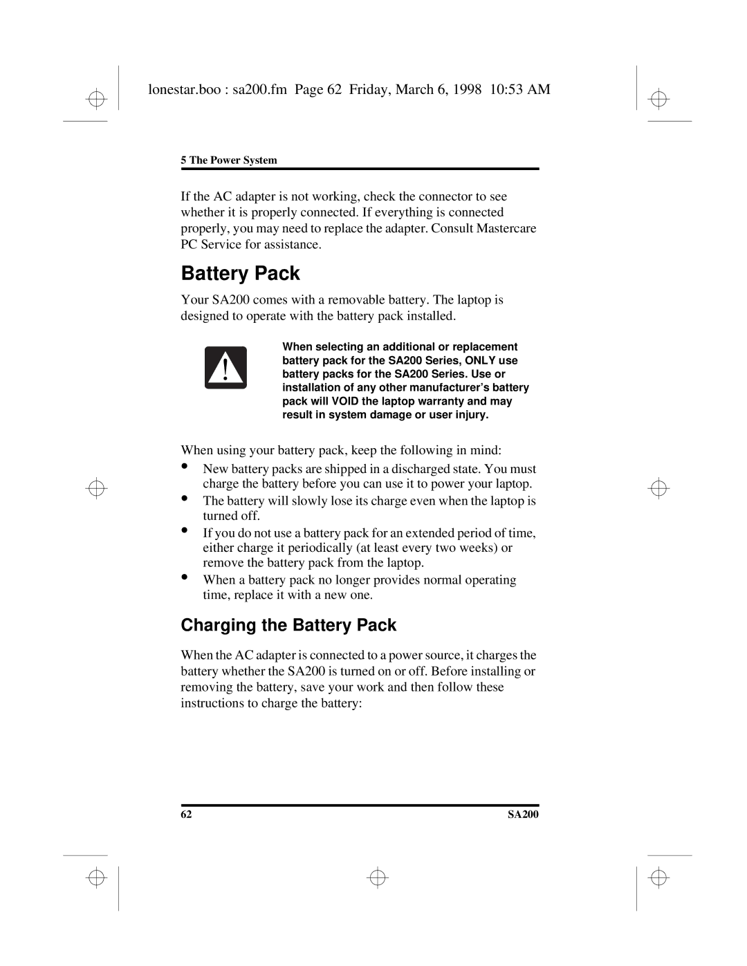 Hitachi SA200 manual Charging the Battery Pack, Lonestar.boo sa200.fm Page 62 Friday, March 6, 1998 1053 AM 