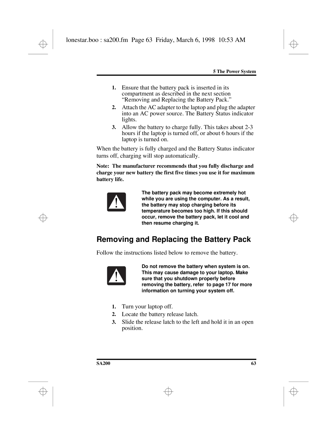 Hitachi SA200 manual Removing and Replacing the Battery Pack, Lonestar.boo sa200.fm Page 63 Friday, March 6, 1998 1053 AM 