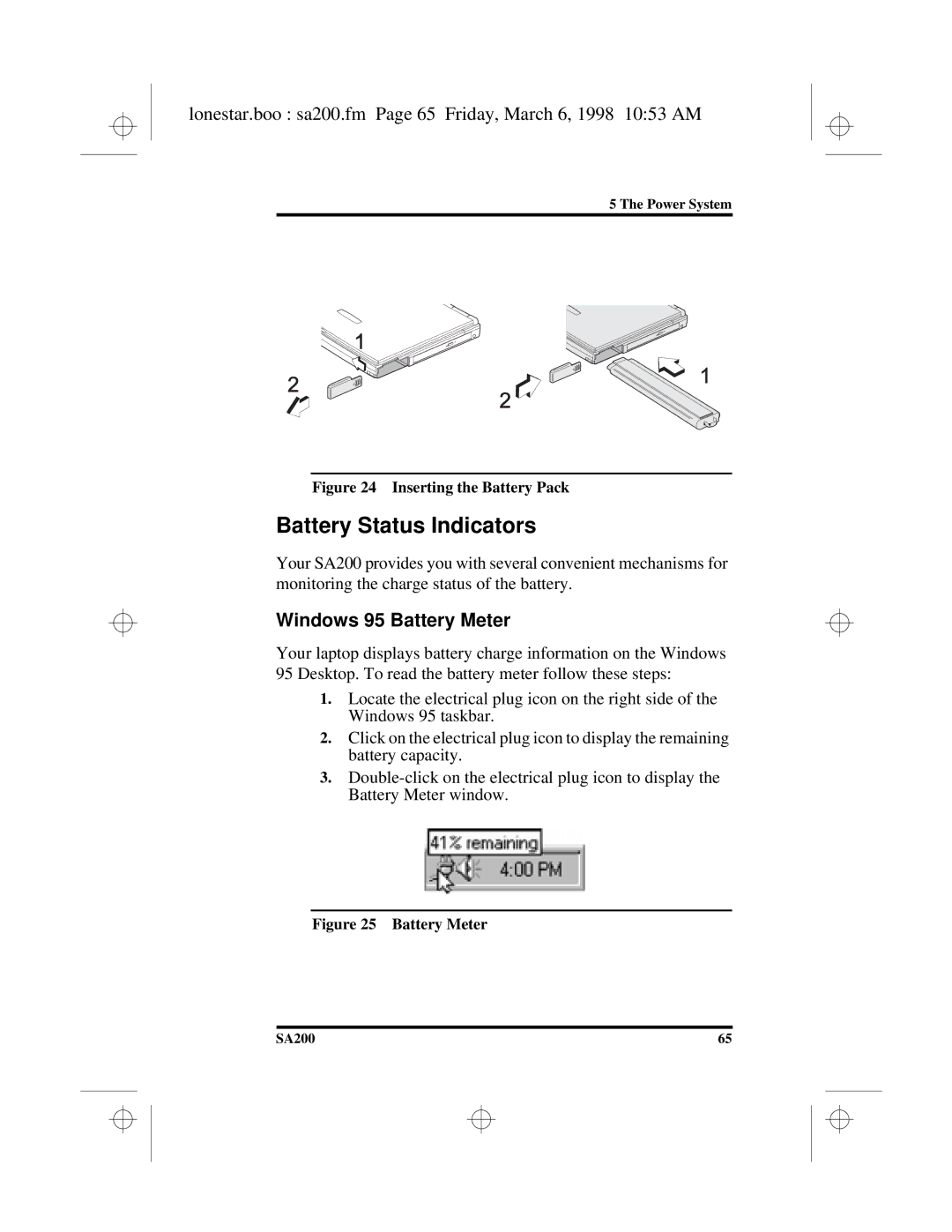 Hitachi SA200 manual Battery Status Indicators, Lonestar.boo sa200.fm Page 65 Friday, March 6, 1998 1053 AM 