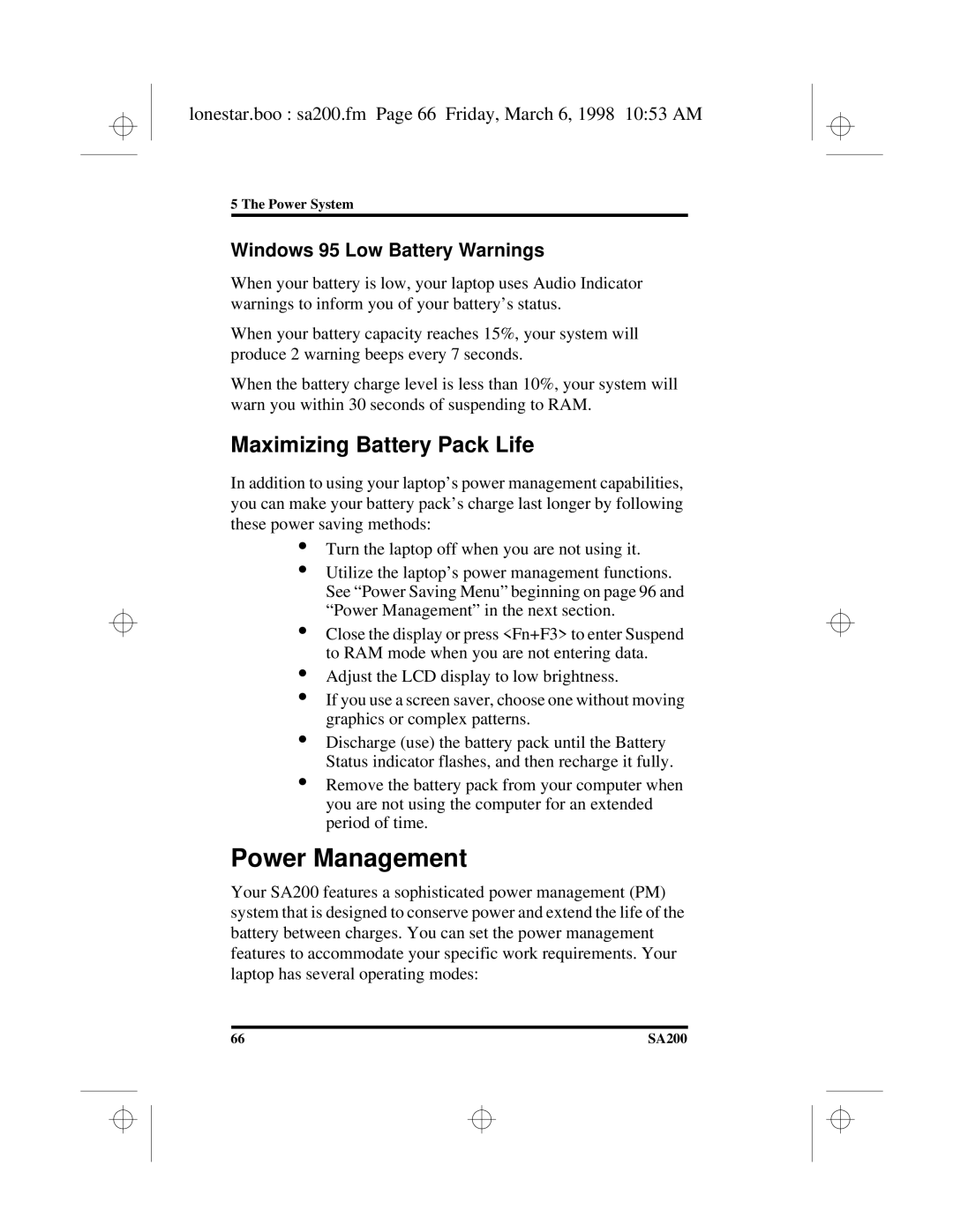 Hitachi SA200 Power Management, Maximizing Battery Pack Life, Lonestar.boo sa200.fm Page 66 Friday, March 6, 1998 1053 AM 