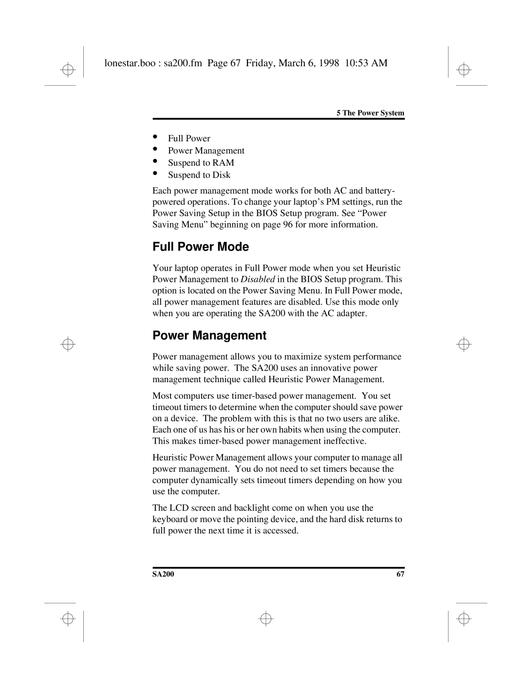 Hitachi SA200 manual Full Power Mode, Power Management, Lonestar.boo sa200.fm Page 67 Friday, March 6, 1998 1053 AM 