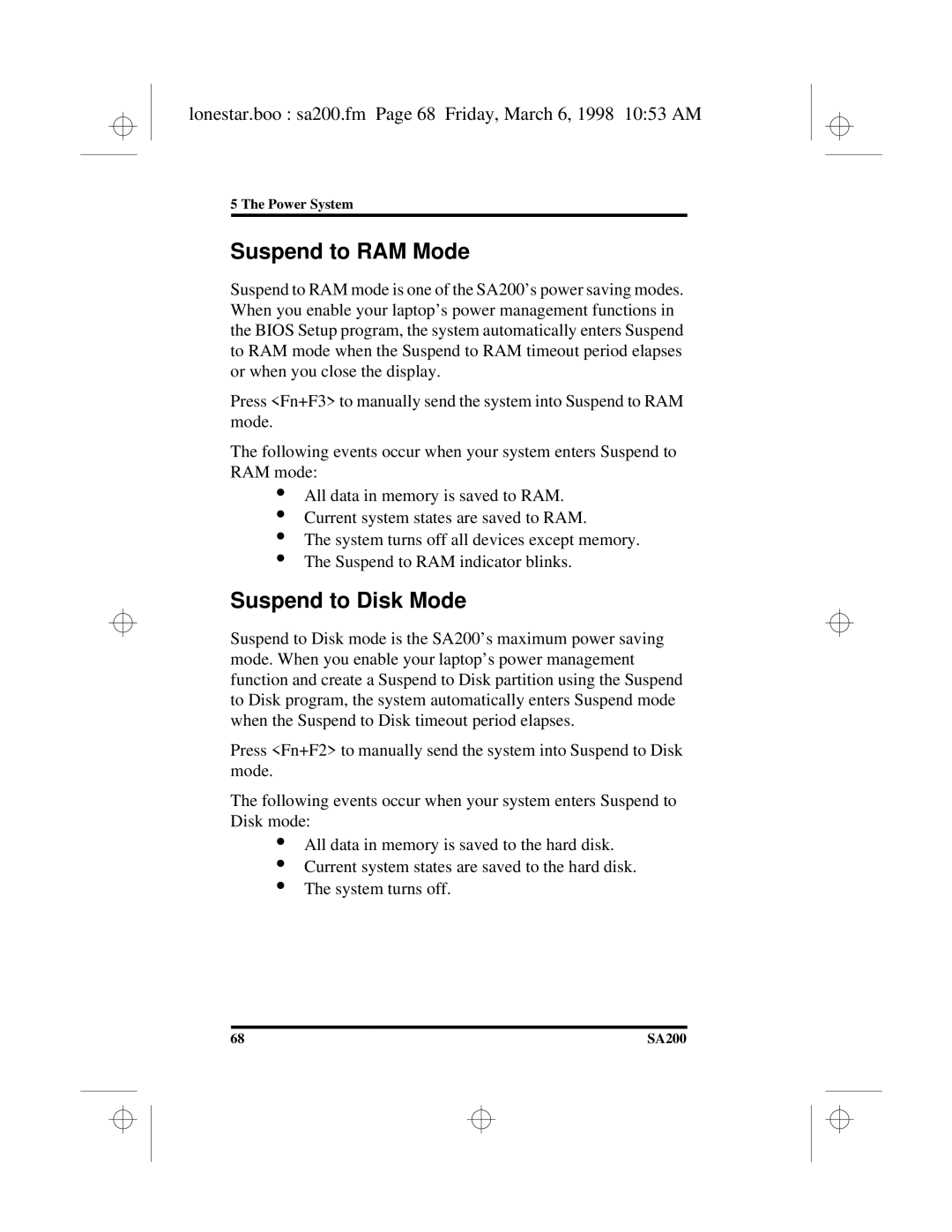 Hitachi SA200 manual Suspend to RAM Mode, Suspend to Disk Mode, Lonestar.boo sa200.fm Page 68 Friday, March 6, 1998 1053 AM 