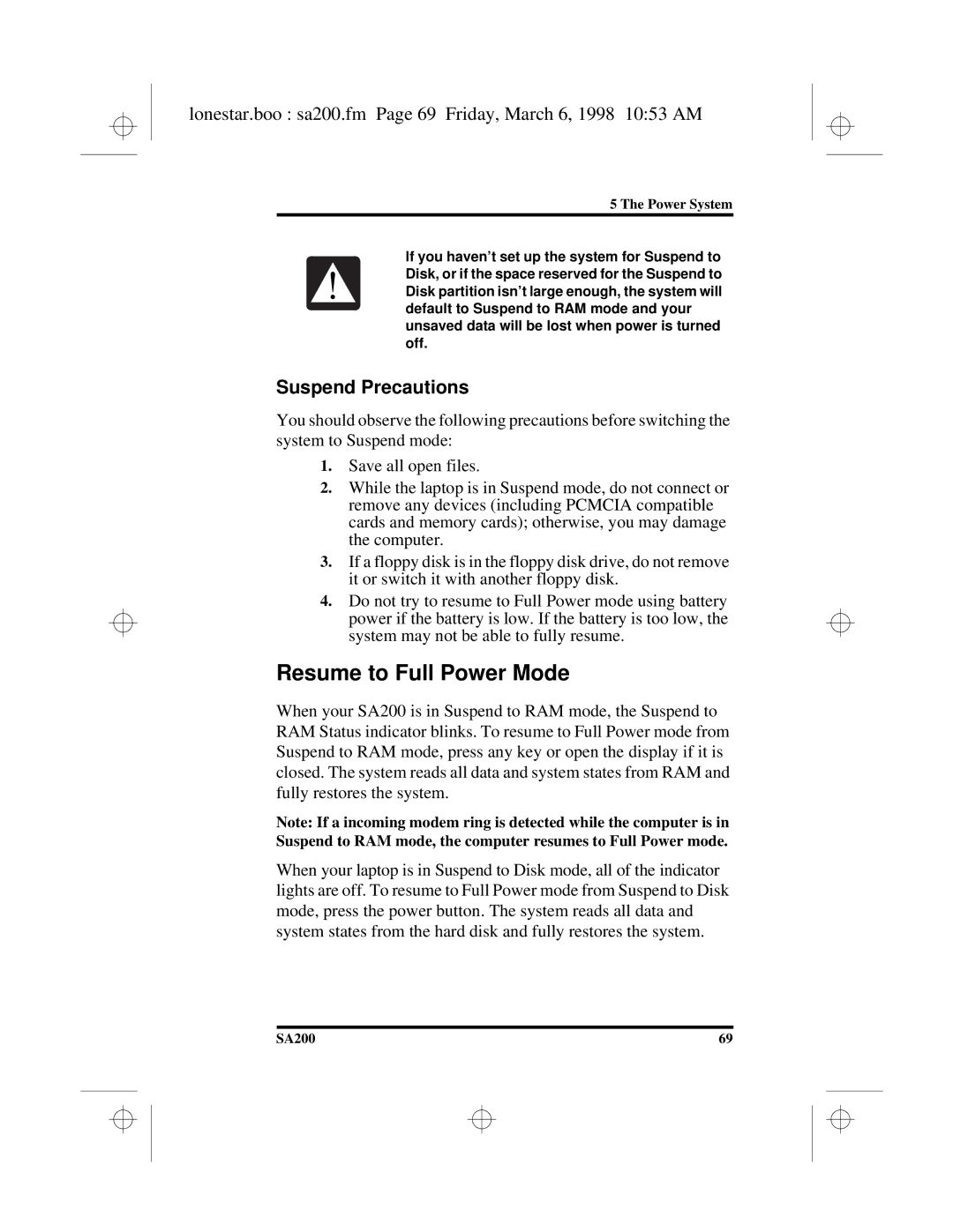 Hitachi SA200 Resume to Full Power Mode, Lonestar.boo sa200.fm Page 69 Friday, March 6, 1998 1053 AM, Suspend Precautions 