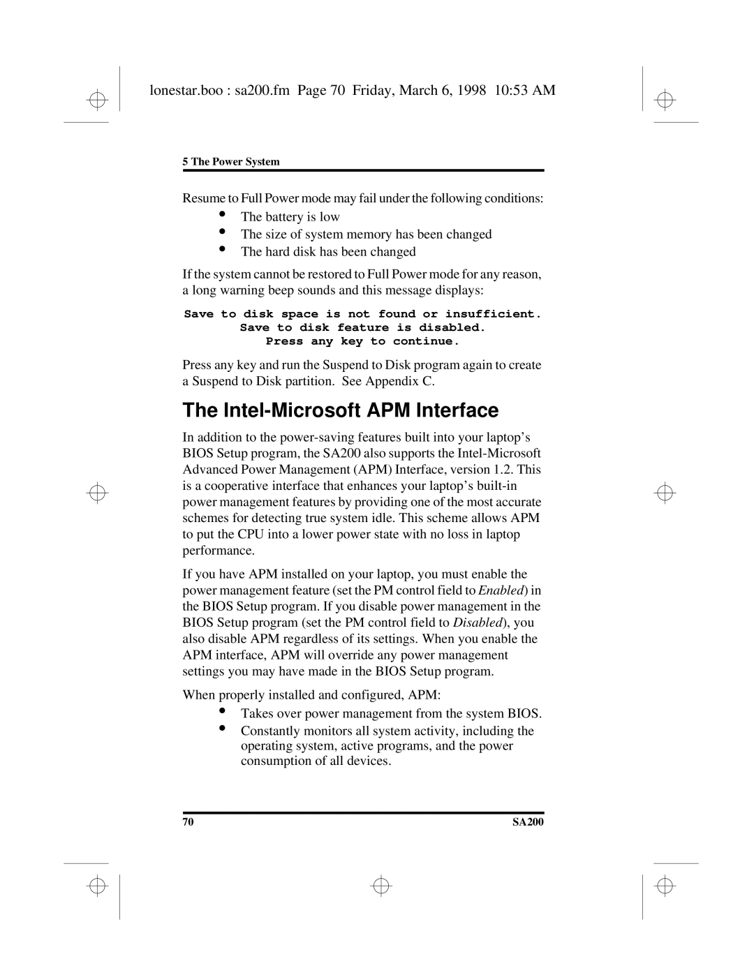 Hitachi SA200 manual Intel-Microsoft APM Interface, Lonestar.boo sa200.fm Page 70 Friday, March 6, 1998 1053 AM 