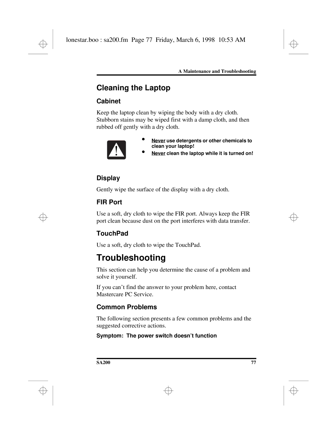 Hitachi SA200 manual Troubleshooting, Cleaning the Laptop 