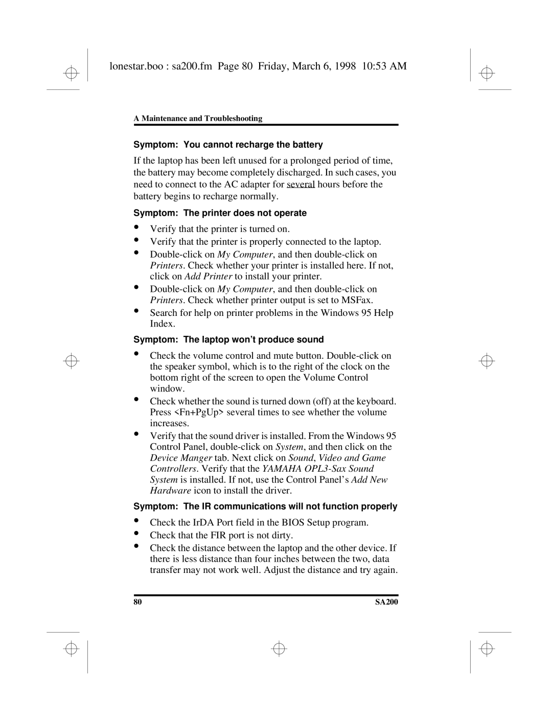 Hitachi SA200 manual Lonestar.boo sa200.fm Page 80 Friday, March 6, 1998 1053 AM 